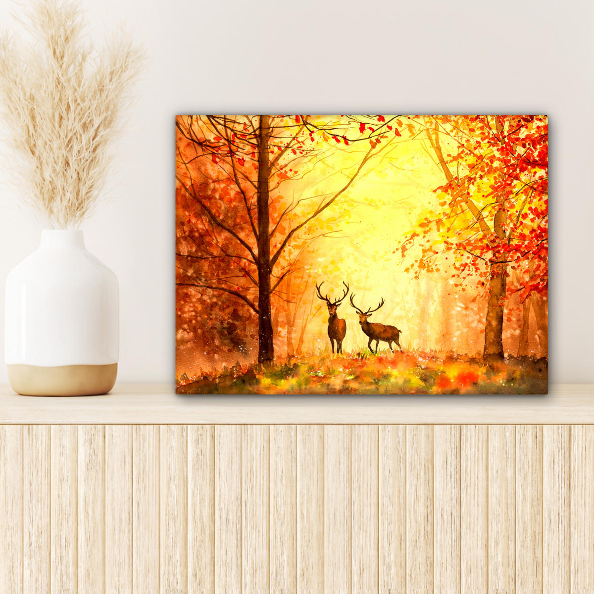LEINWANDBILD Natur - Ölfarbe - Hirsche - Tiere - Herbst - Orange Wandbild 40x30 cm - Orange, Textil (40/30cm) - MuchoWow