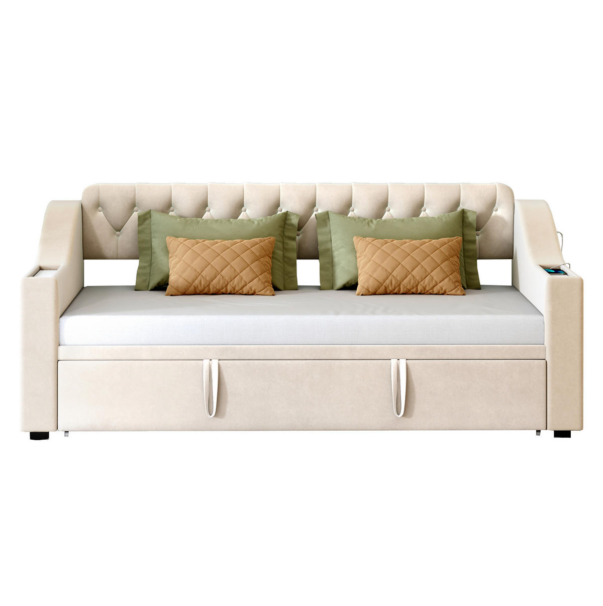 SCHLAFSOFA aus Samt 90x190 cm Beige ausziehbar auf 180x190 cm mit Stauraum und USB-Anschluss - Beige, Textil (90/180cm) - IVMEU