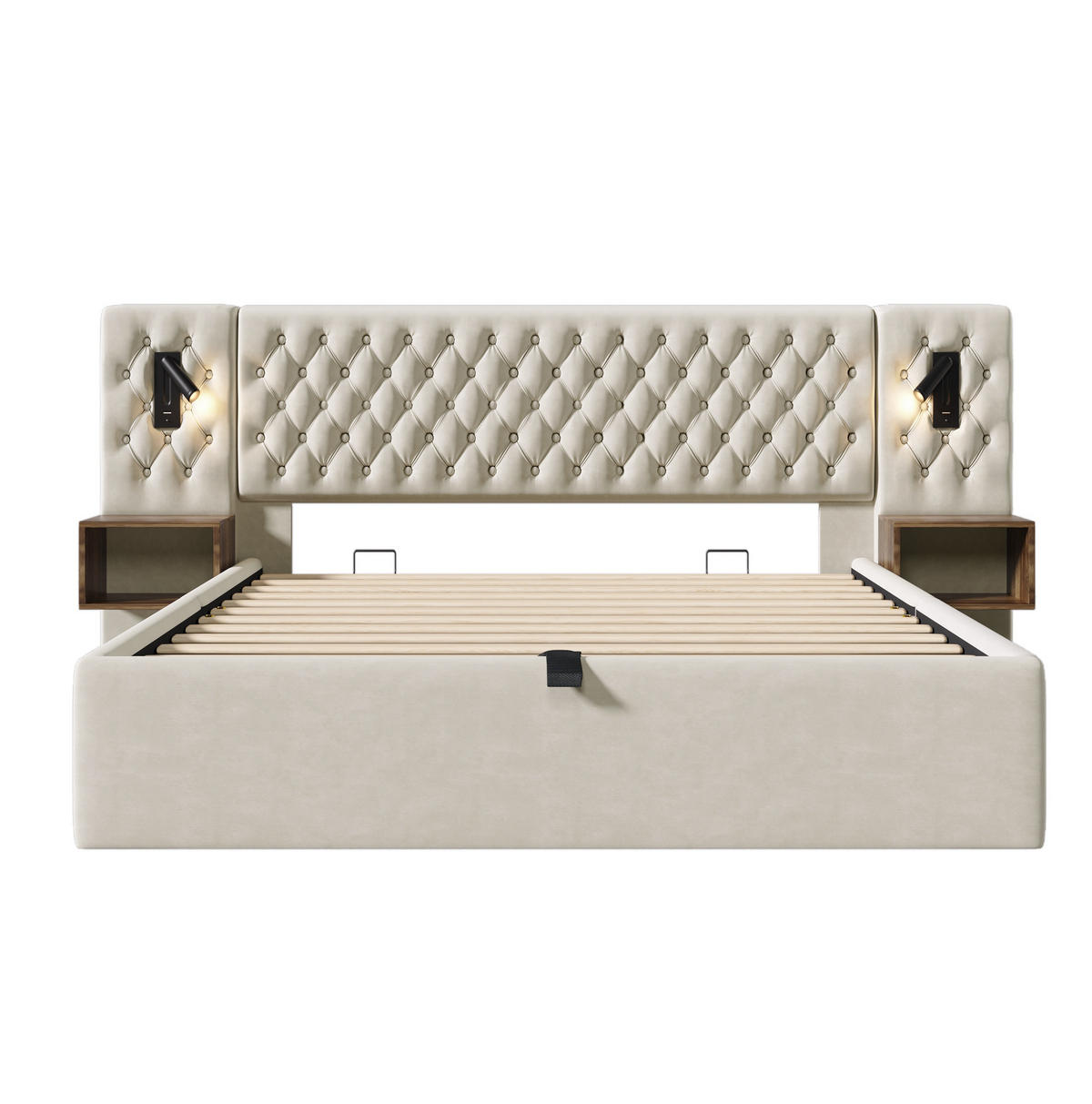BETT mit Stauraum 160x200 cm Samt Beige mit 2 Nachttischen - Beige, Metall (160/200cm) - Meubliv
