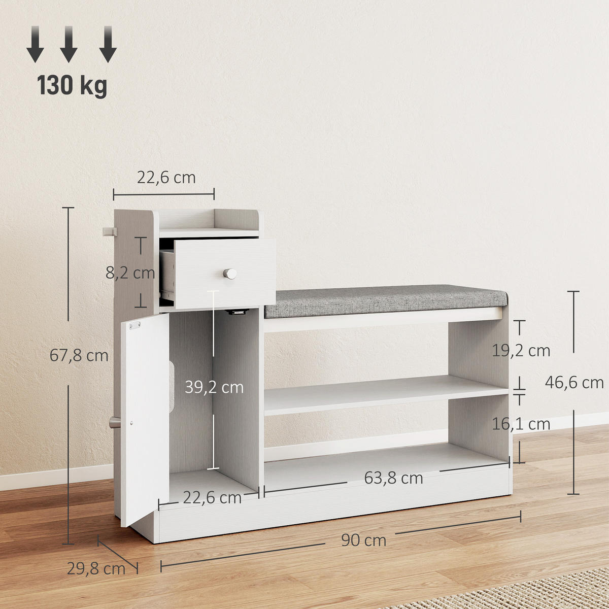 SCHUHBANK Polyester Spanplatte Weiß - Weiß/Grau, Holzwerkstoff/Textil (29.8/67.8/90cm) - HOMCOM