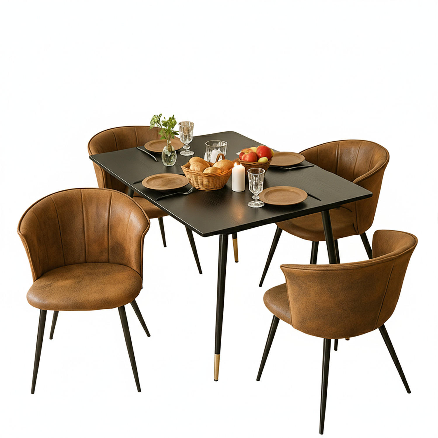 ESSGRUPPE mit ausziehbarem Esstisch, goldenen Beinen und 4 Schalensesseln in Wildlederoptik, Schwarz - Multicolor/Schwarz, Metall (46/74.5/43cm) - Meubles Cosy