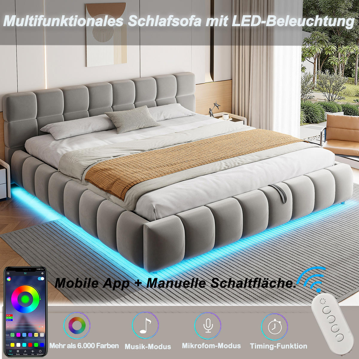 POLSTERBETT 180/200 cm in Grau Samt mit Bettkasten und LED - Grau, Holzwerkstoff/Textil (180/200cm) - STILVORA