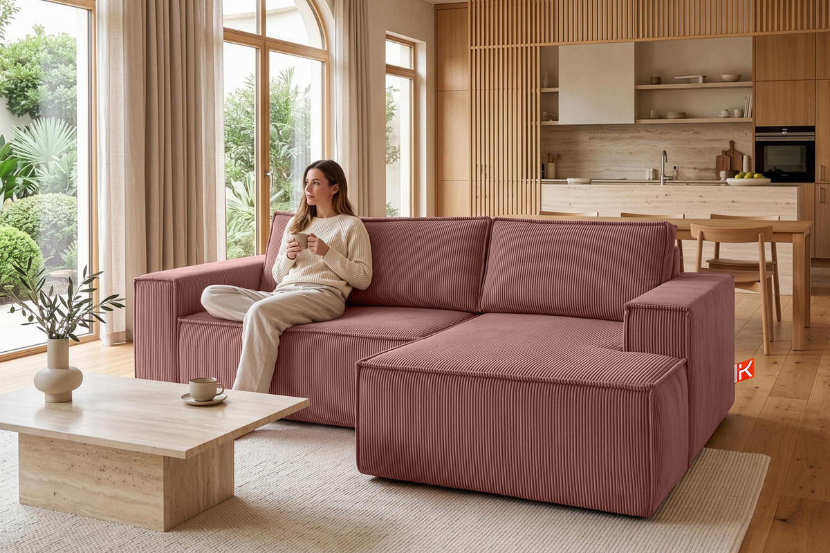 ECKSCHLAFSOFA-RECHTS NAPI in Pet Friendly Cord-Stoff, rosa - Pink/Schwarz, Textil (262/148cm) - KONSIMO®