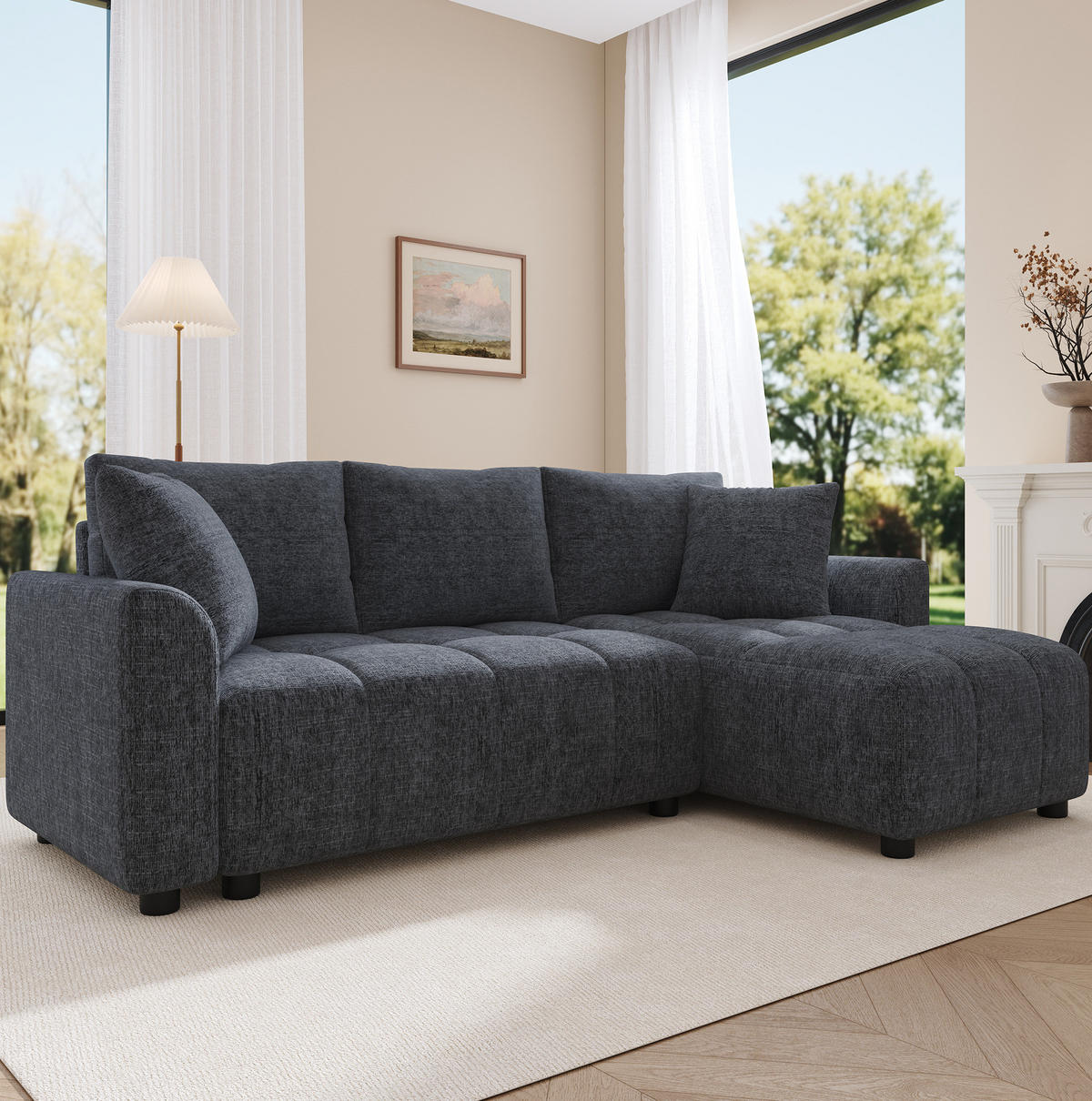 ECKSOFA 204/127/82,5 cm grau aus Chenille mit Chaiselongue - Grau, Textil (127/204cm) - OKWISH