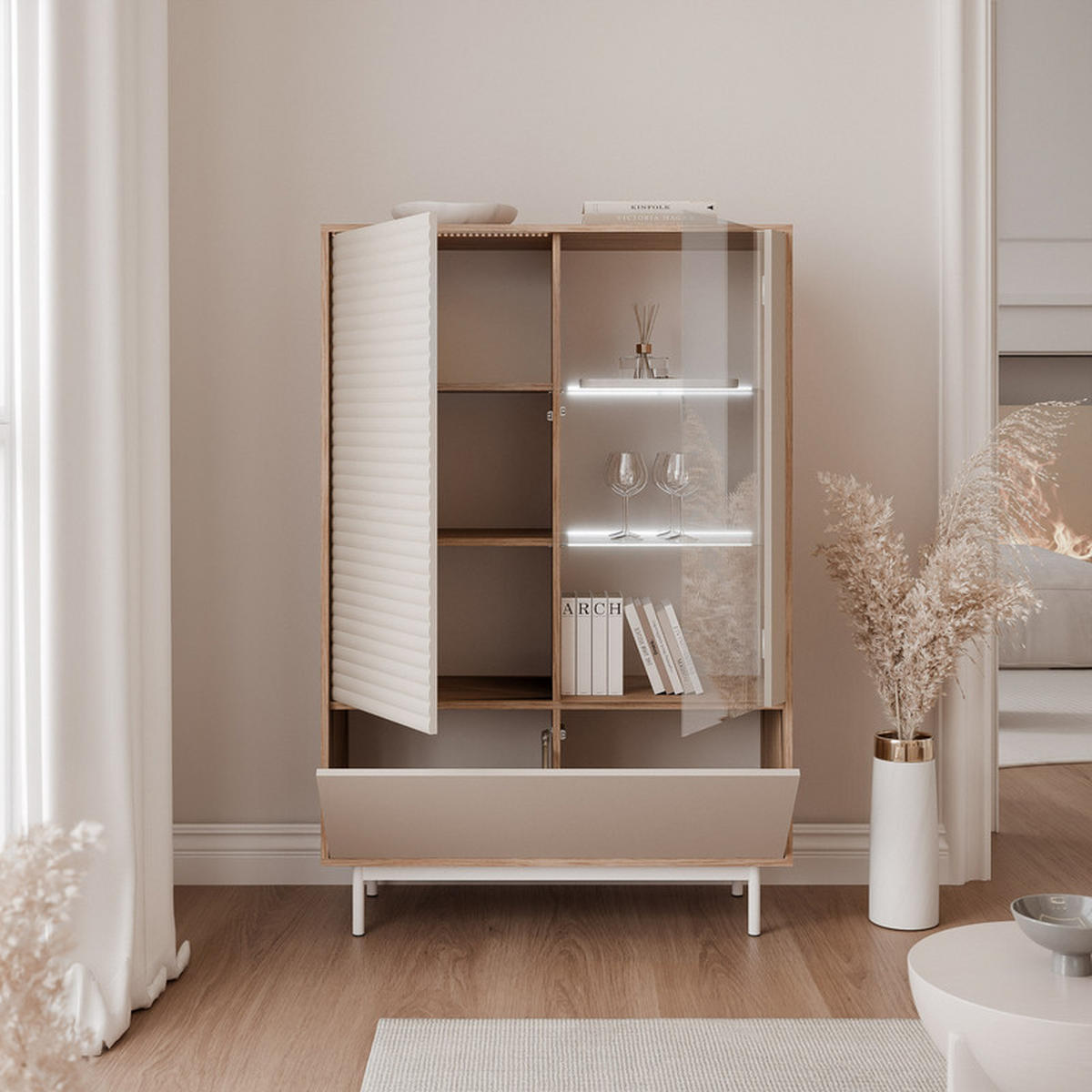 VITRINE LUSSO 100 cm Glastüren, Eiche / Kaschmir - Eichefarben, Holzwerkstoff/Metall (100/152/40cm) - Idohome