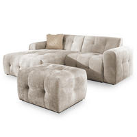 ECKSOFA inkl. Hocker Kozy im Bumpy-Design mit Schlaffunktion und fester Rückenlehne aus weichem Dunkelbeige Chenille-Stoff - Ottomane links - Beige/Schwarz, Holz/Kunststoff (161/234cm) - S-Style Möbel