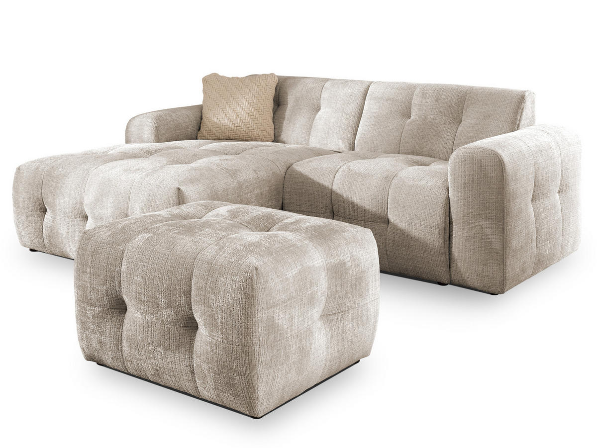 ECKSOFA inkl. Hocker Kozy im Bumpy-Design mit Schlaffunktion und fester Rückenlehne aus weichem Dunkelbeige Chenille-Stoff - Ottomane links - Beige/Schwarz, Holz/Kunststoff (161/234cm) - S-Style Möbel