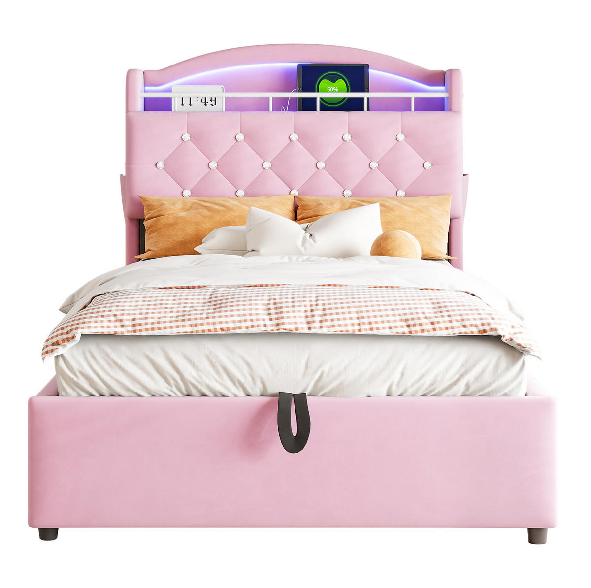 KINDERBETT 90/200 cm mit LED-Beleuchtung, USB-C, Bettkasten und Stauraumfach, Rosa - Pink, Textil (90/200cm) - Redom