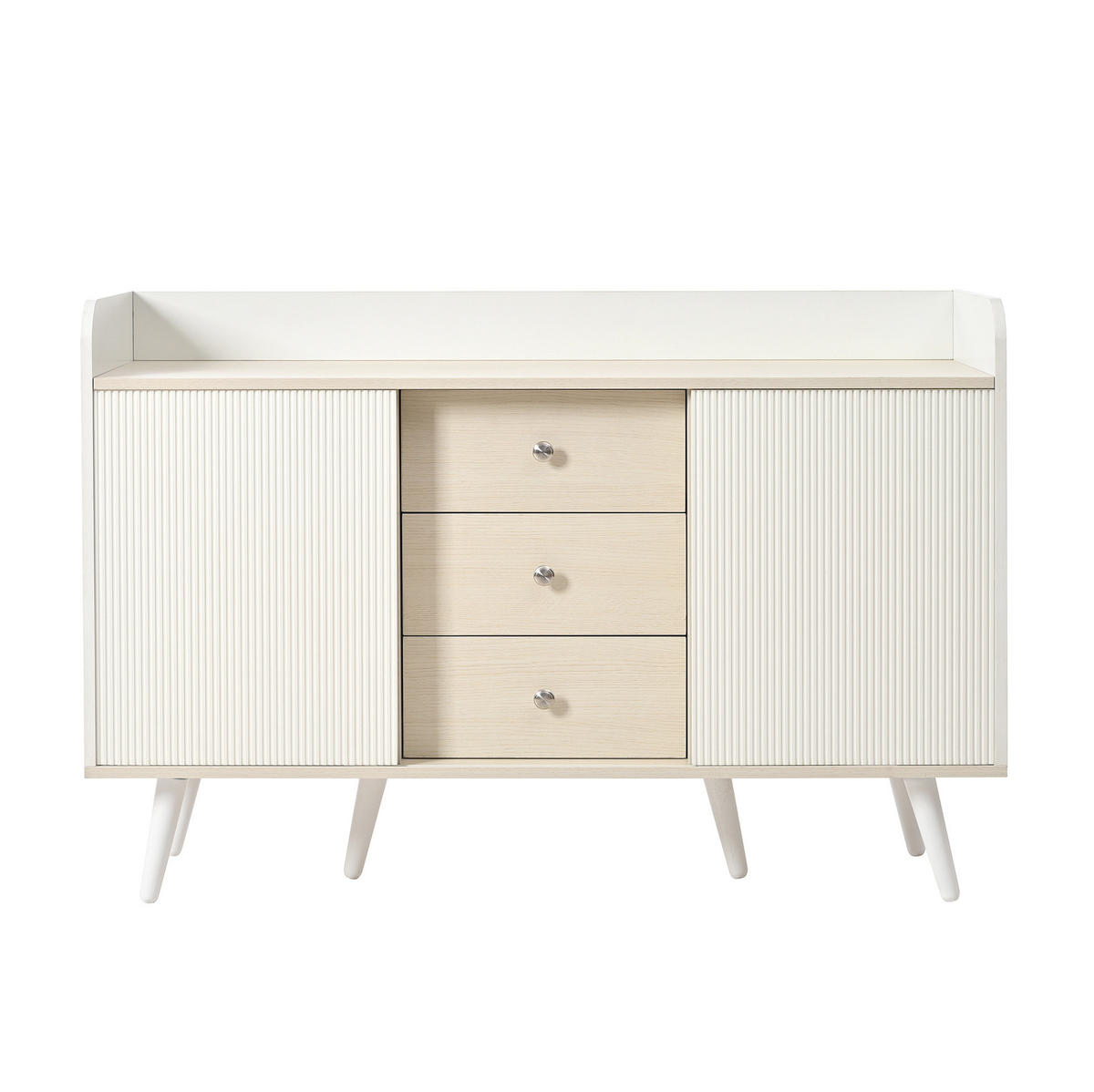 SIDEBOARD mit 2 gestreiften Schiebetüren und 3 Schubladen, MDF mit Massivholzbeinen, 117,5/39,5/79 cm, Weiß und Holzoptik - Weiß, Holzwerkstoff (39.5/117.5/79cm) - Redom