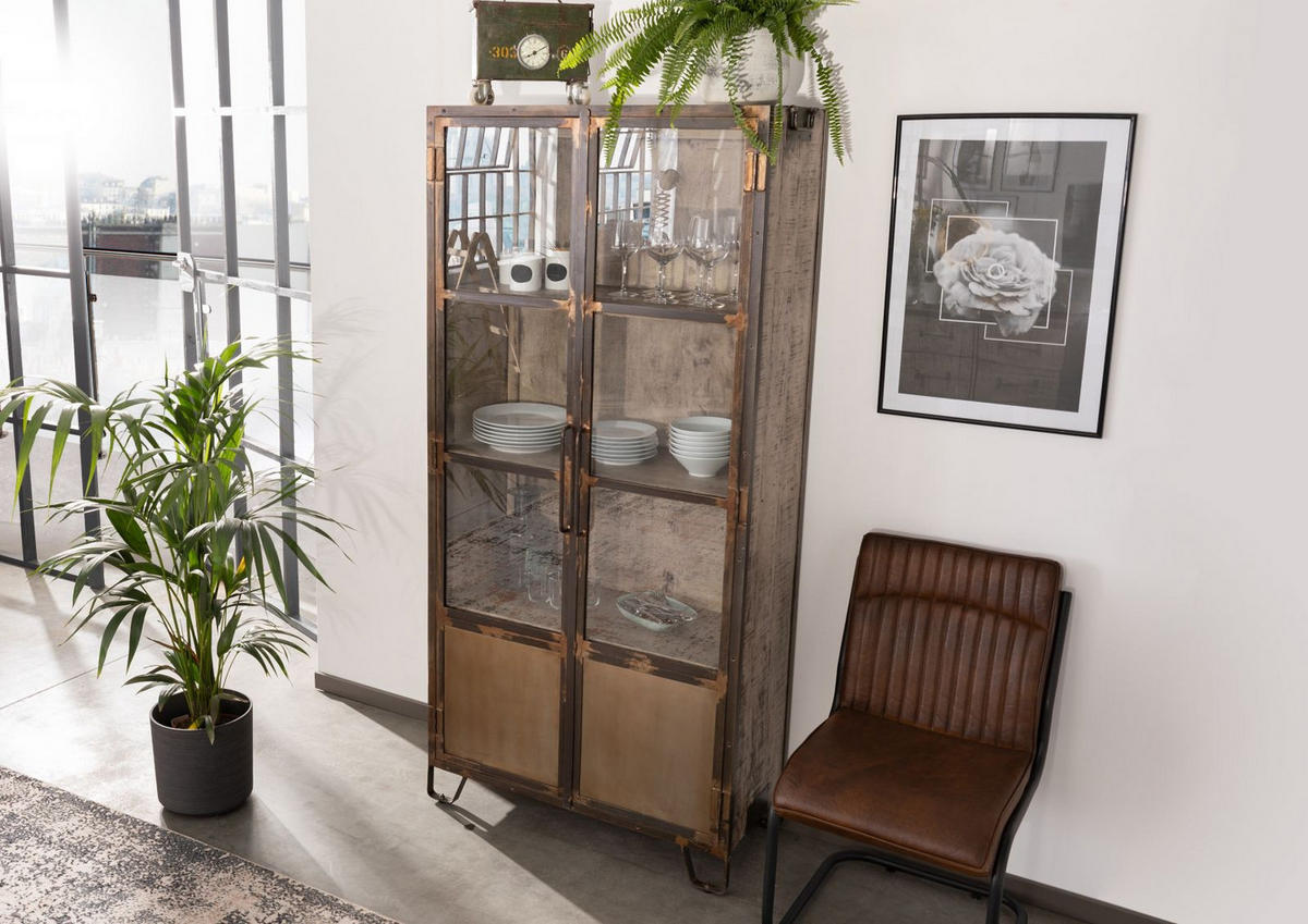 VITRINE Mango 90x40x190 braun lackiert HEAVY INDUSTRY #223 - Braun, Holz (90/190/40cm) - Massivmoebel24