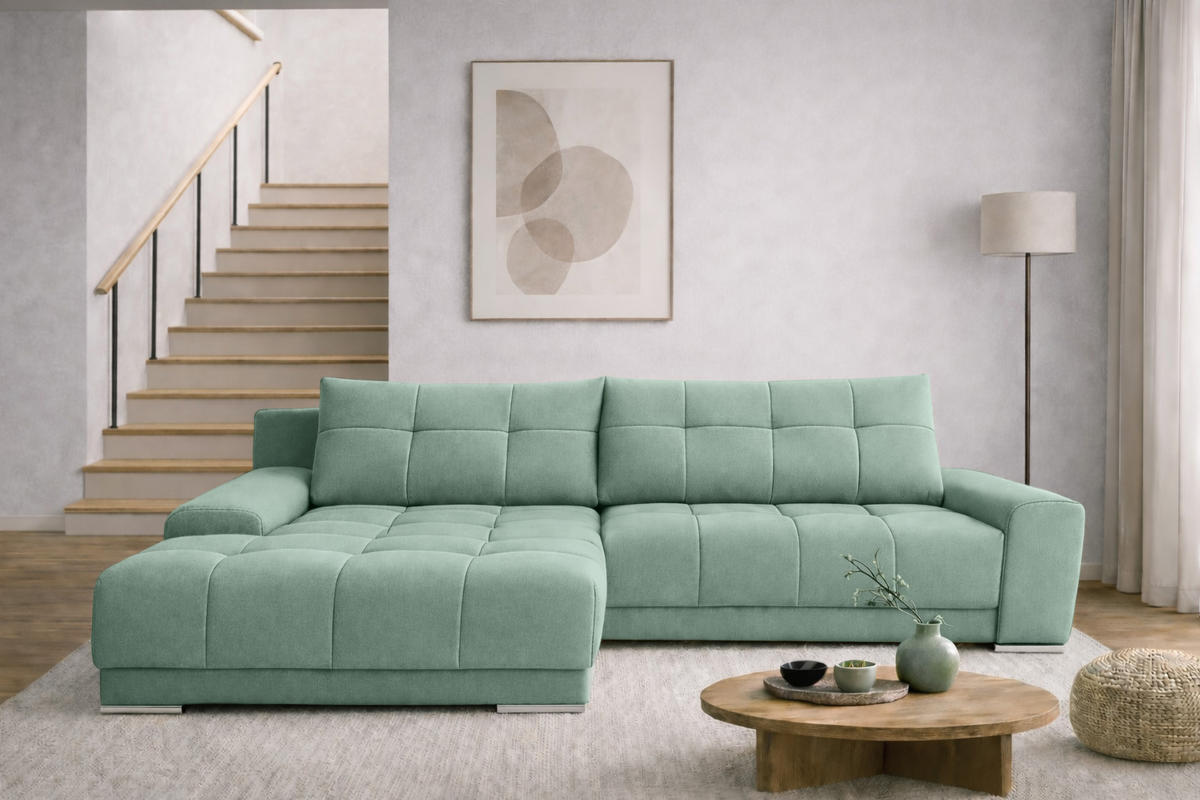 ECKSOFA WAVE Mit Schlaffunktion, Stoff SORO, Mintz Links - Mintgrün, Holz (105/281cm) - Kaiser Möbel