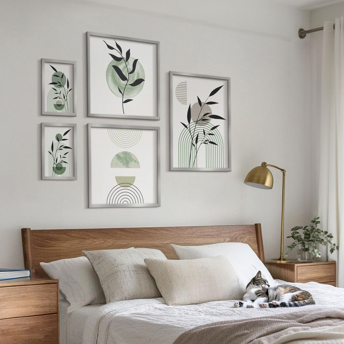 WANDBILDER 5er Set - 50x50 cm & 20x30 cm & 40x60 cm Silberner Rahmen - Boho-Pflanzenkompositionen - Silberfarben, Kunststoff (40/60cm) - ArtPrintCave