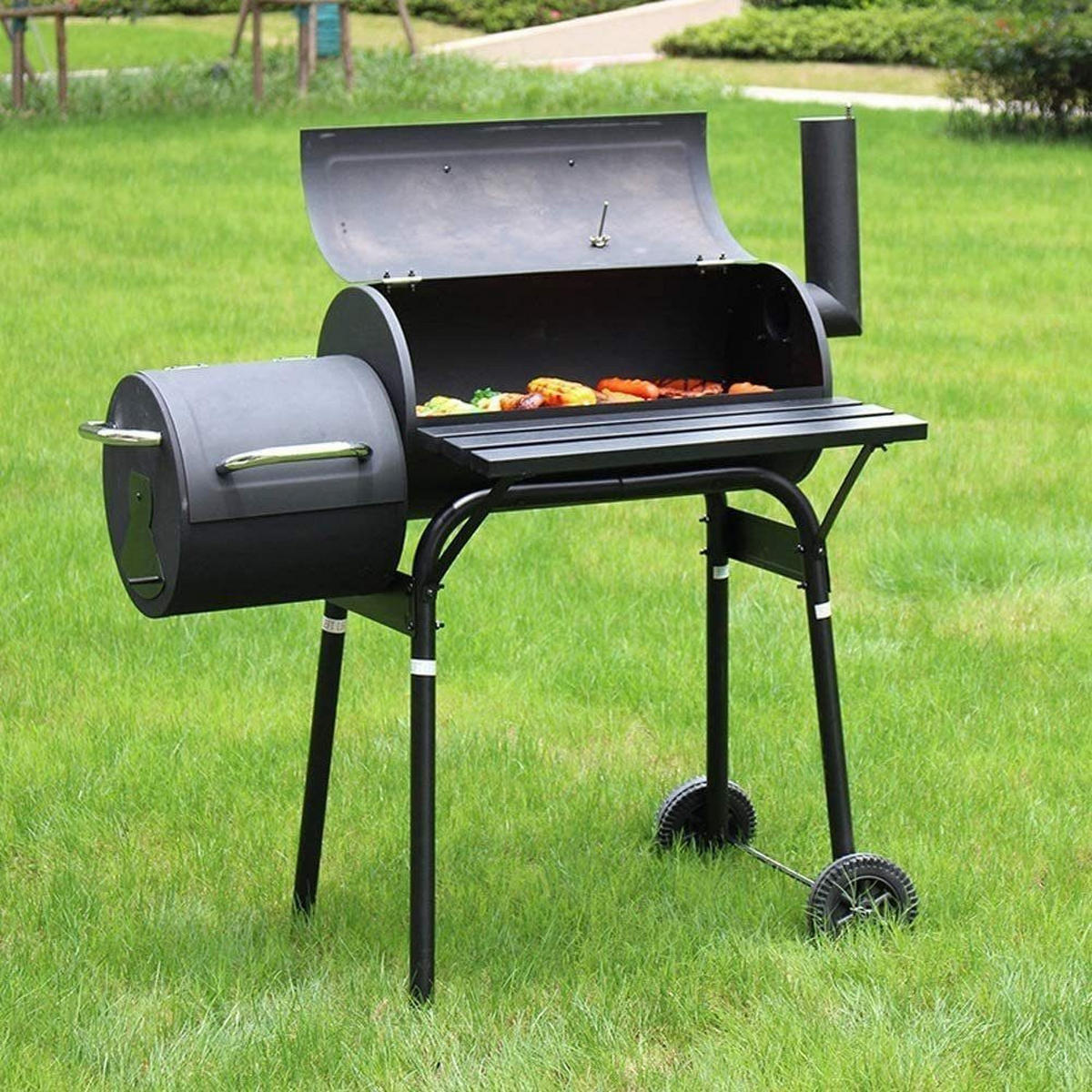 HOLZKOHLEGRILL Smoker Grill Schwarz 54 cm, Deckel, Thermometer, Räder, Outdoor BBQ Grill, Grillwagen, Gartengrill, Kohlegrill, Barbecue, Grillstation - Schwarz, Metall (58/114/104cm) - Resch