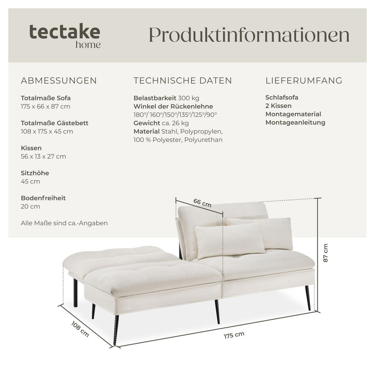 SCHLAFSOFA Tokio, Belastbarkeit 300 kg, 175 x 66 x 87 cm, creme-weiß - Creme/Weiß, Kunststoff/Textil (108/45/175cm) - tectake