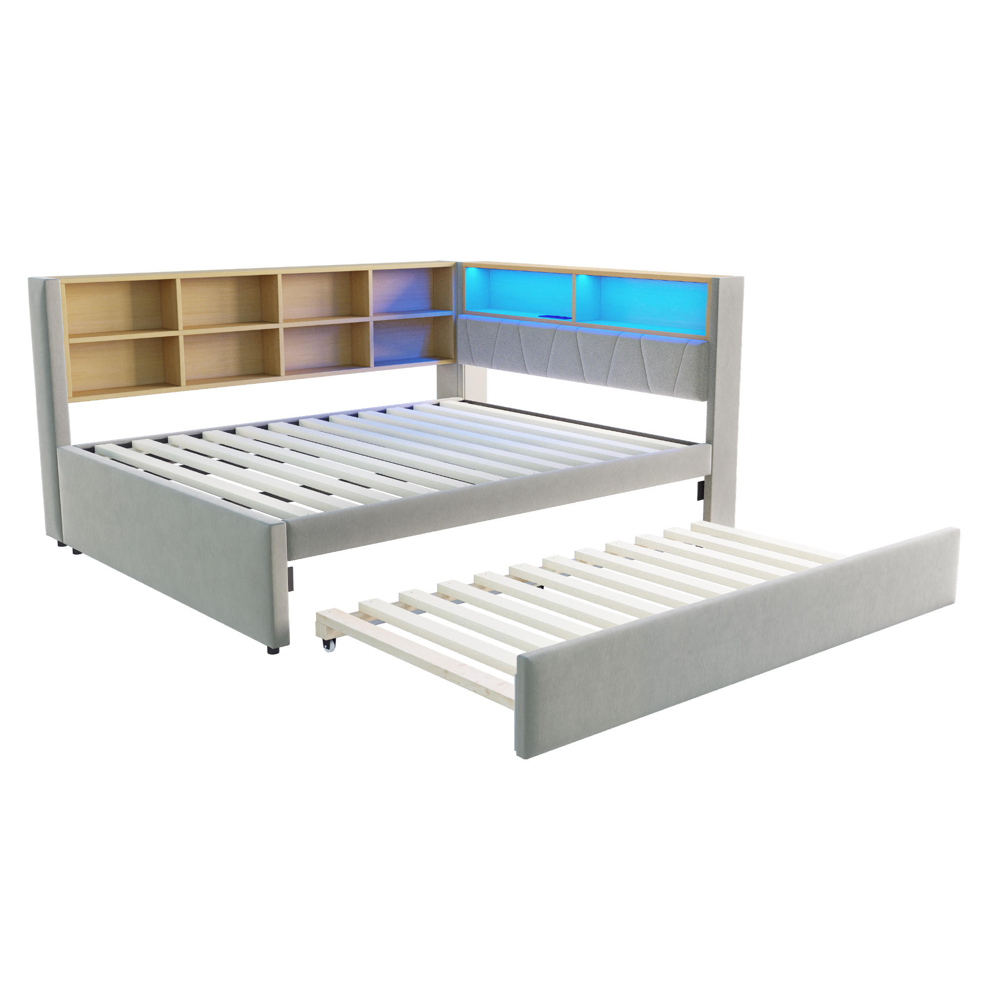 AUSZIEHBETT 140/200 cm DE-01984, in Hellgrau, mit LED und Steckdosen - Hellgrau, Metall (140/200cm) - ComfortXL