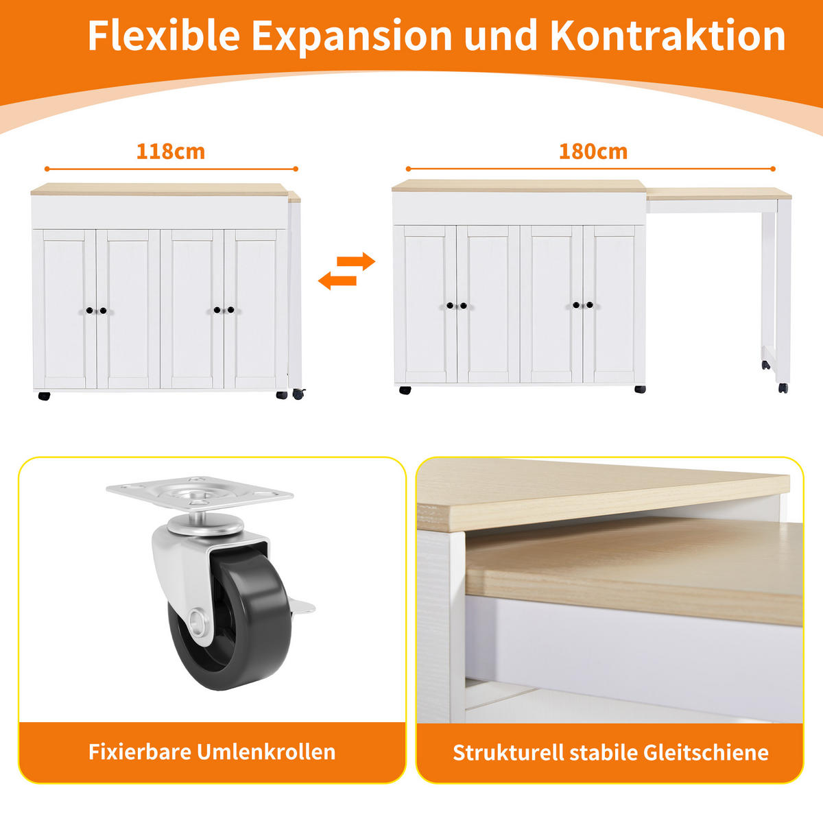 BARTISCH aus MDF, ausziehbar 117-180/50/94,6 cm mit 6 Ablagefächern, Weiß - Weiß, Holzwerkstoff (50/94.6/117cm) - Redom