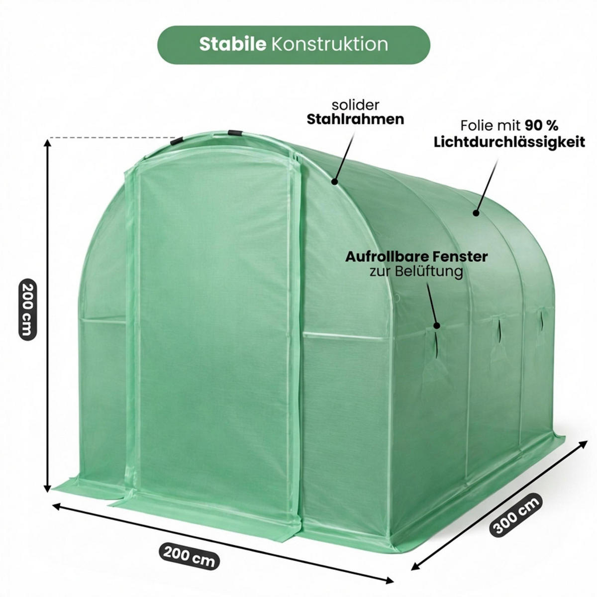 TUNNELGEWÄCHSHAUS mit Metalltür, Grün, 200x300x200 cm - Grün, Metall (200/200/300cm) - Akord