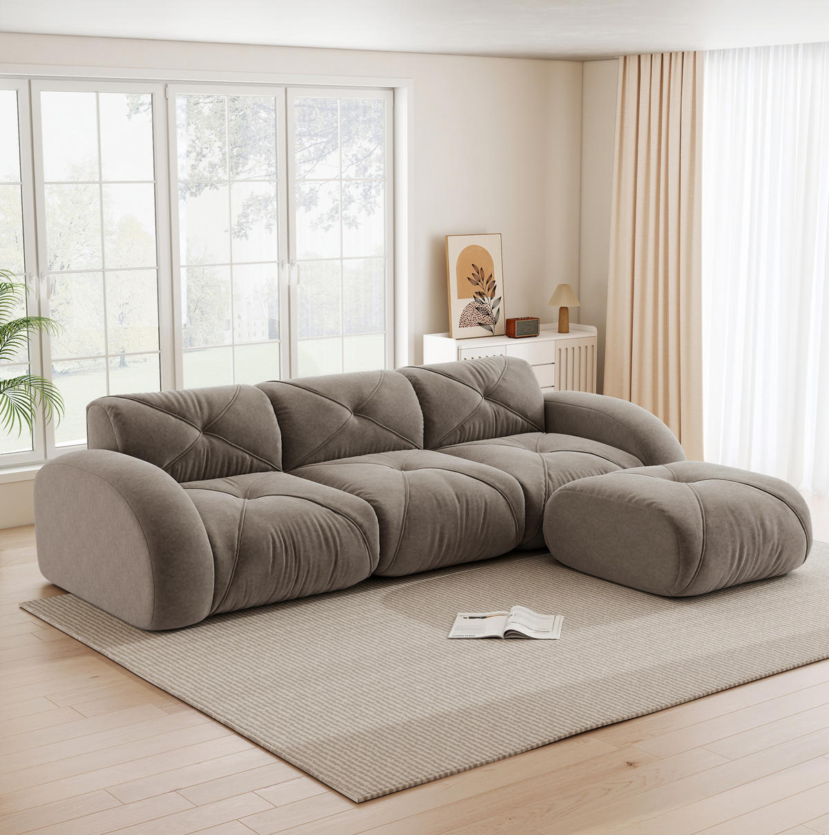 ECKSOFA in Taupe aus Chenille mit Fußstütze, ohne Montage - Taupe, Textil (171/281cm) - Flora Grace