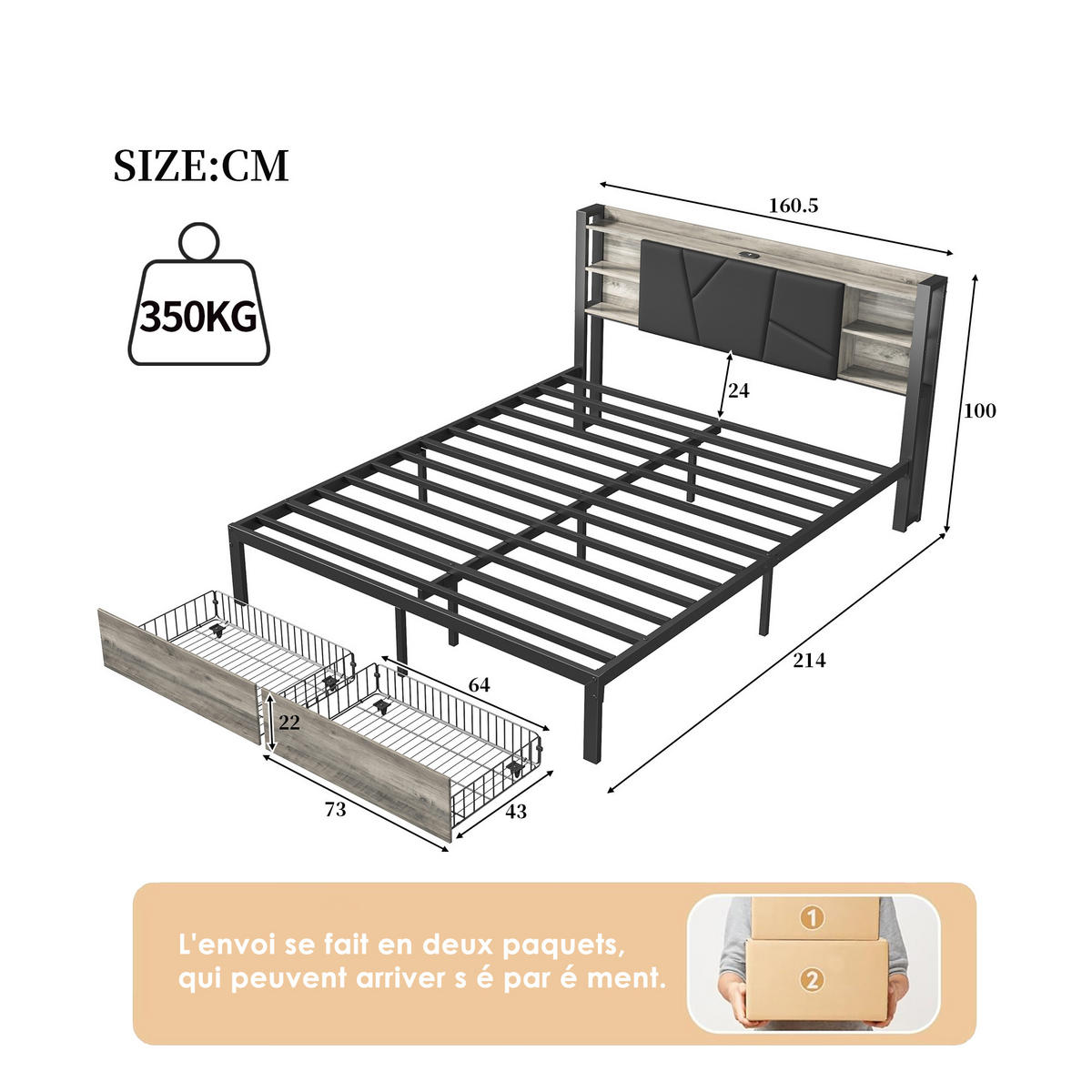 POLSTERBETT 160x200 LED - Schwarz, Metall (160/200cm) - SHOPENTRA