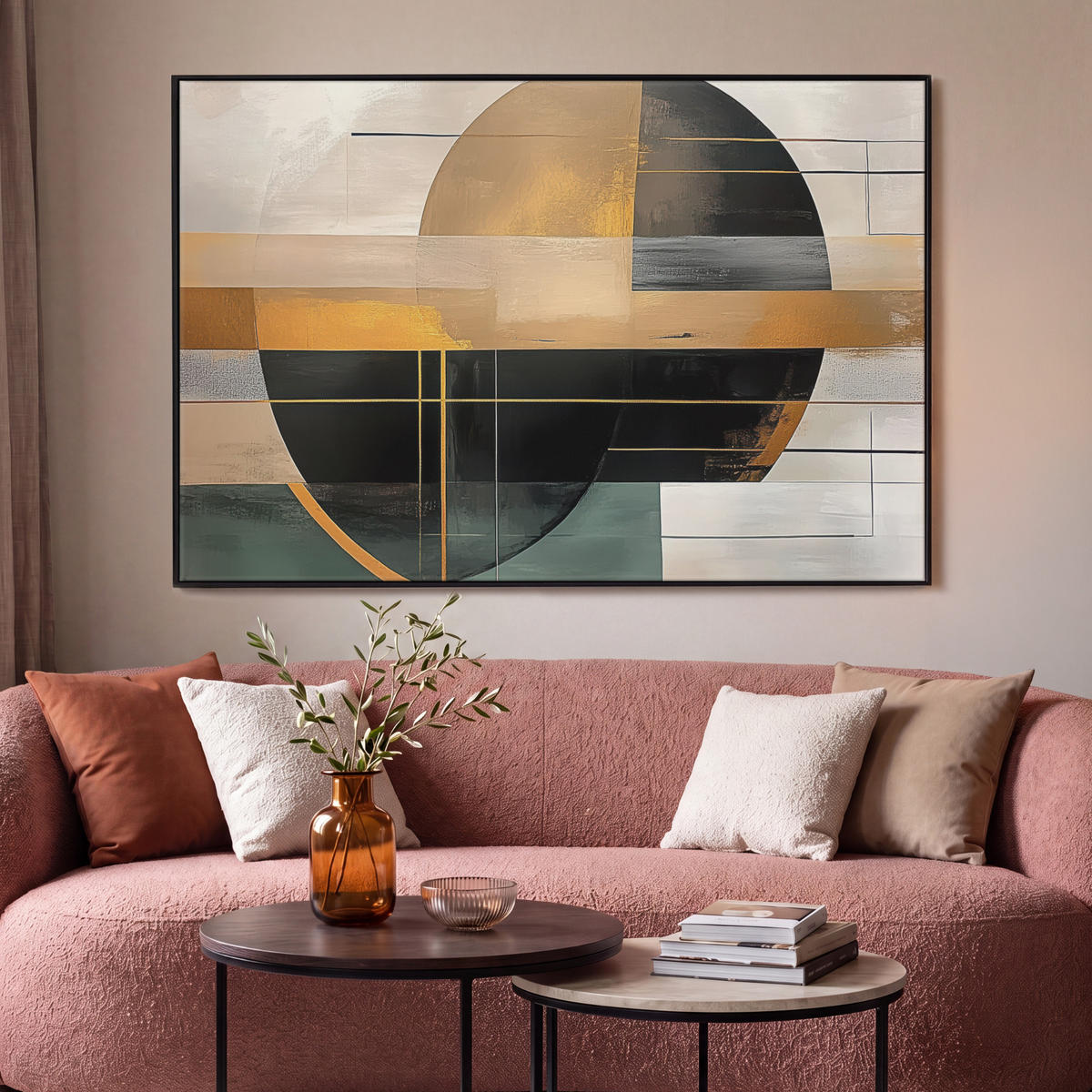 LEINWAND Bilder mit Rahmen - Abstrakt - Gold - Bronze - Grün - Formen - Modern - 150x100 - Multicolor, Textil (150/100cm) - MuchoWow
