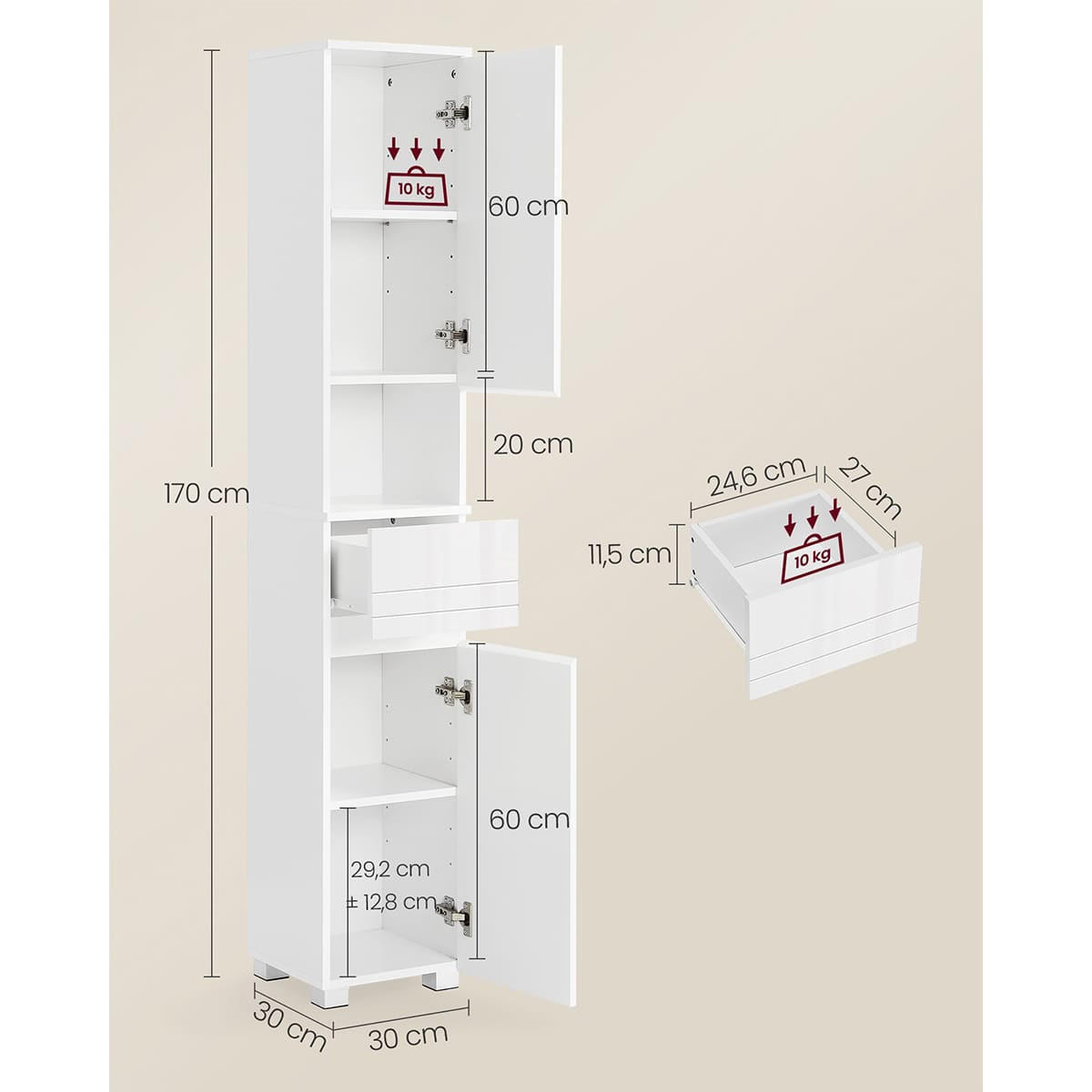 BADEZIMMERSÄULE 2 Türen, 1 Schublade und 1 Nische - 30/30/170 cm - Weiß, Holzwerkstoff (30/170/19cm) - Calicosy