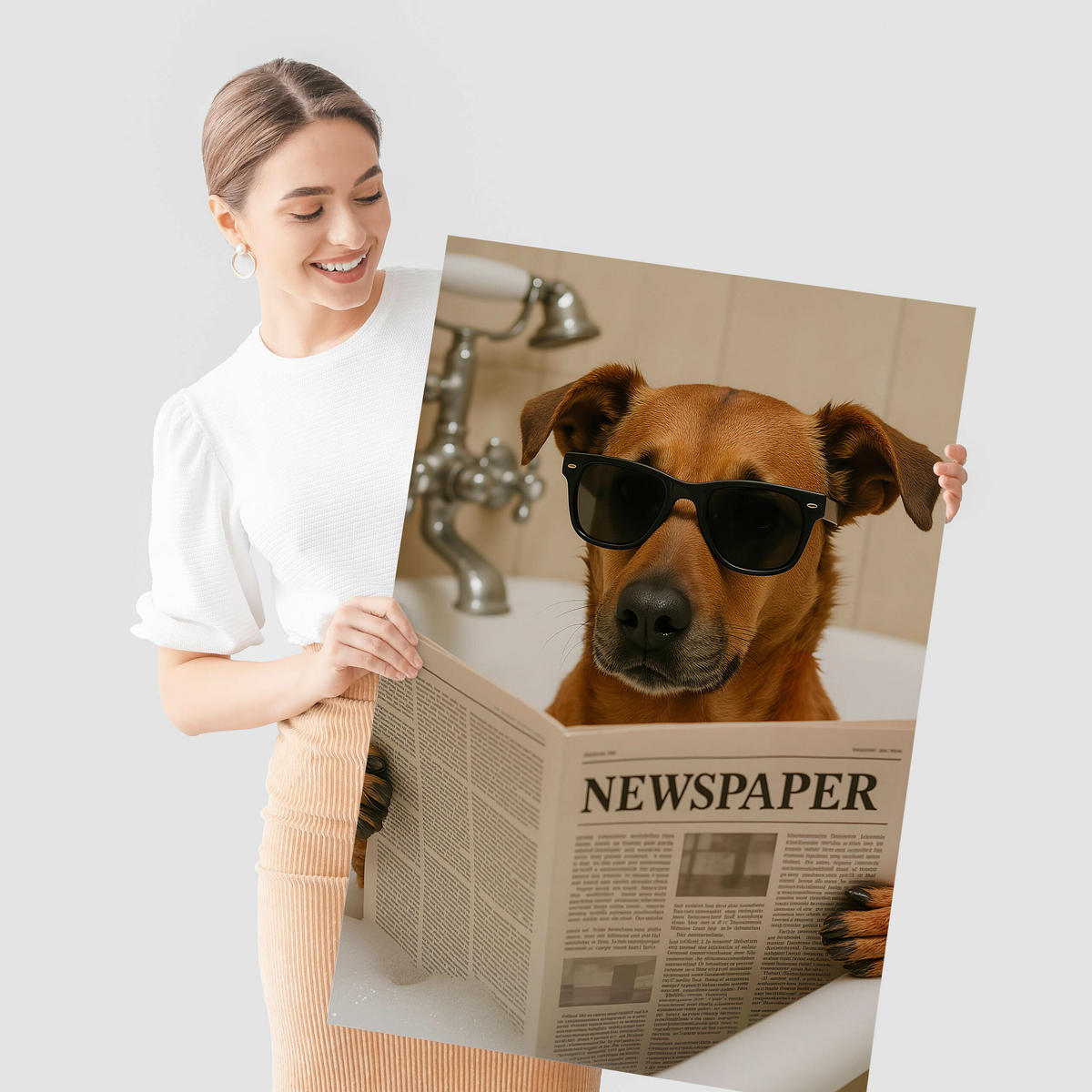 POSTER für WC Badezimmer HUND in Badewanne Retro Zeitung Abstraktion 30x40cm - Beige/Schwarz, Papier (30/40/40cm) - Muralo