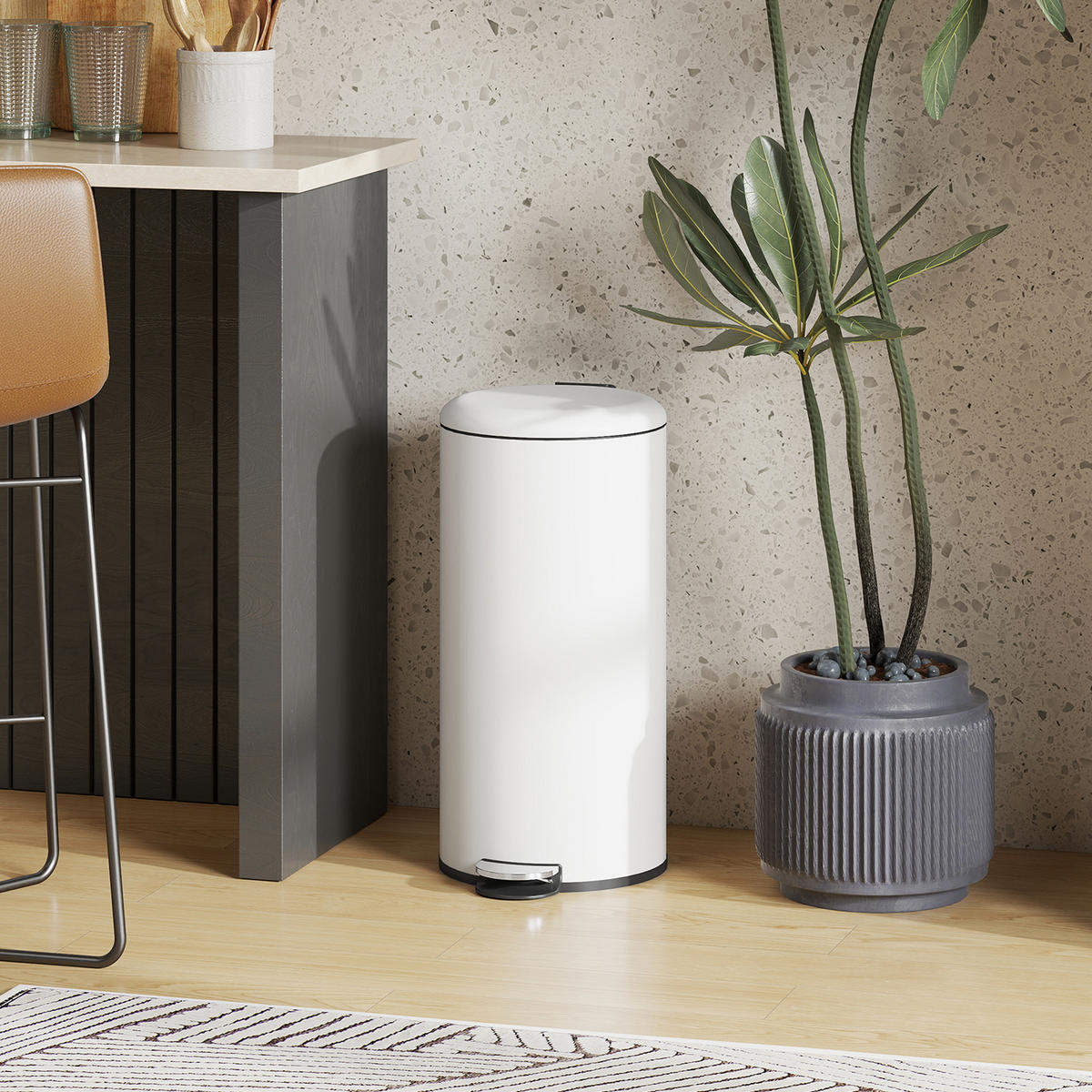 MÜLLEIMER 30L Treteimer mit Deckel Fußpedal Inneneimer, Wohnzimmer Büro Metall - Weiß, Kunststoff (30/63.5/36cm) - HOMCOM