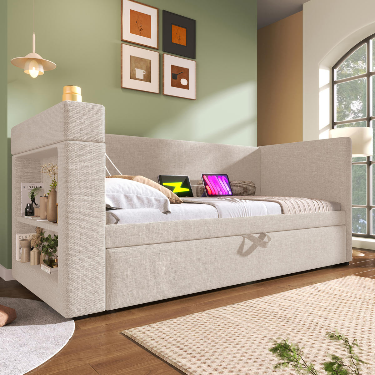 POLSTERBETT 90/190 cm mit Ausziehbett, USB-C und Getränkehaltern - Beige, Textil (90/190cm) - BEAOK