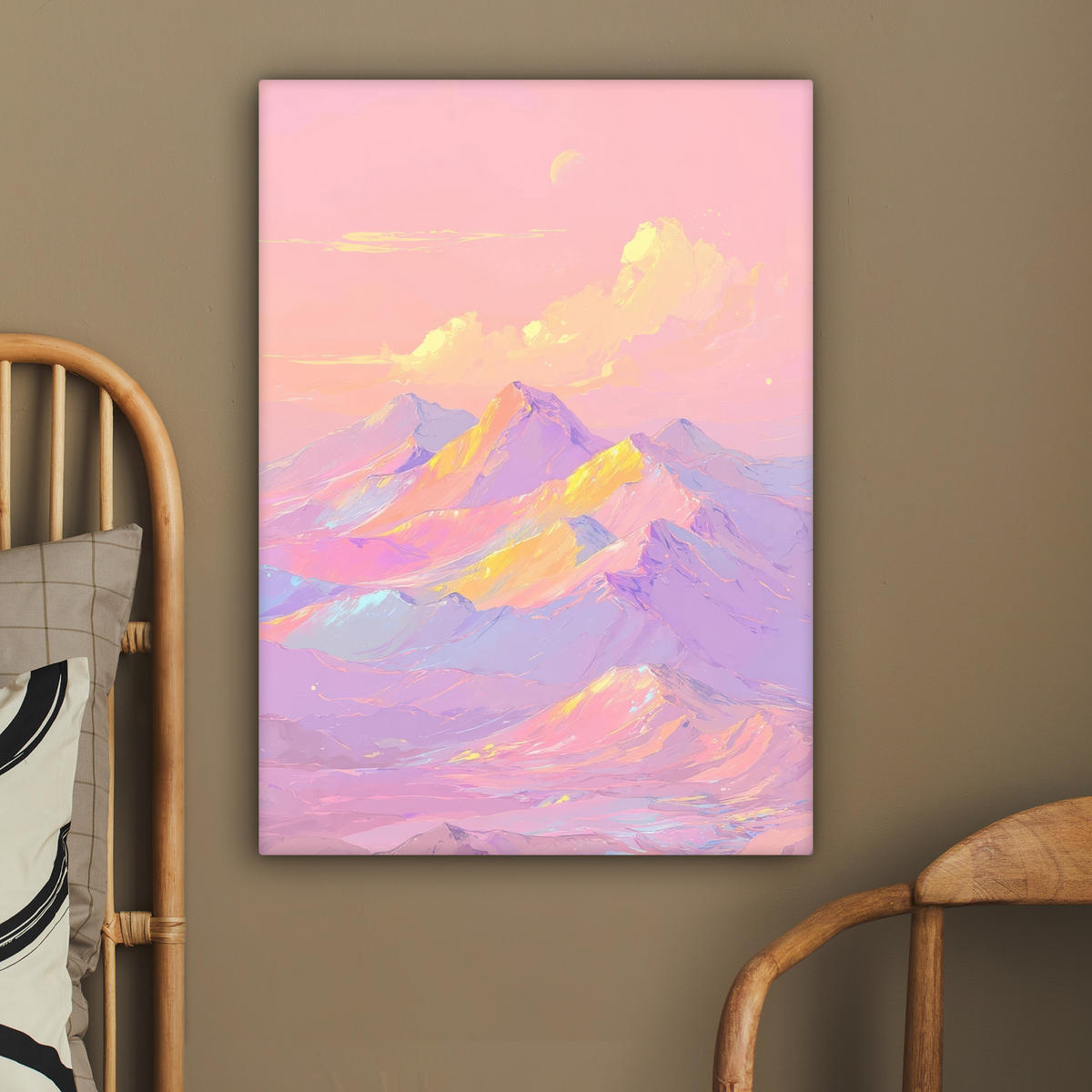 LEINWANDBILD Berggipfel - Wolken - Verträumt Wandbild Wohnzimmer 60x80 cm - Hellrosa, Textil (60/80cm) - MuchoWow