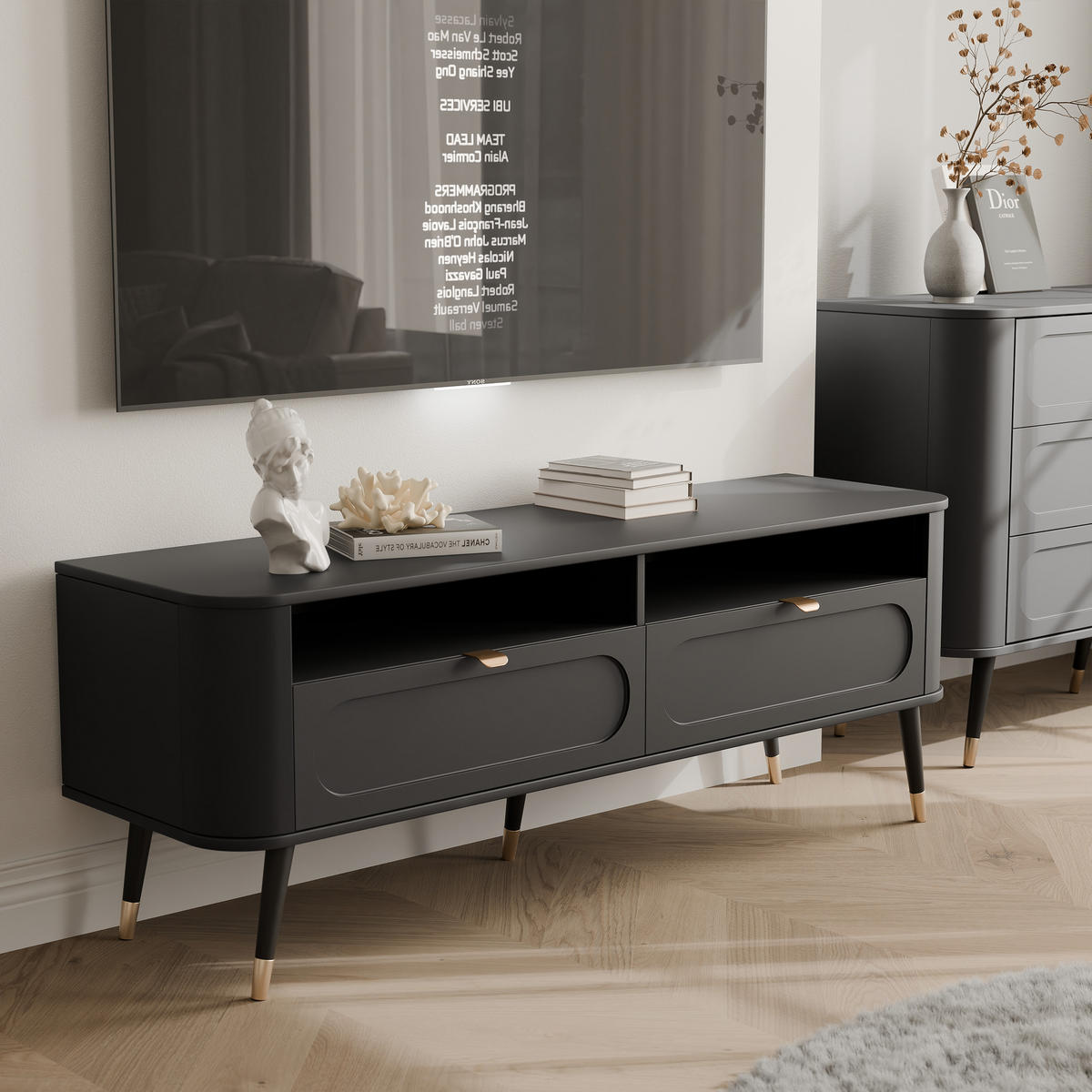 TV-LOWBOARD NOIR stehend, 138 cm Schwarz - Goldfarben/Schwarz, Holzwerkstoff/Metall (138.2/52.6/40cm) - Idohome