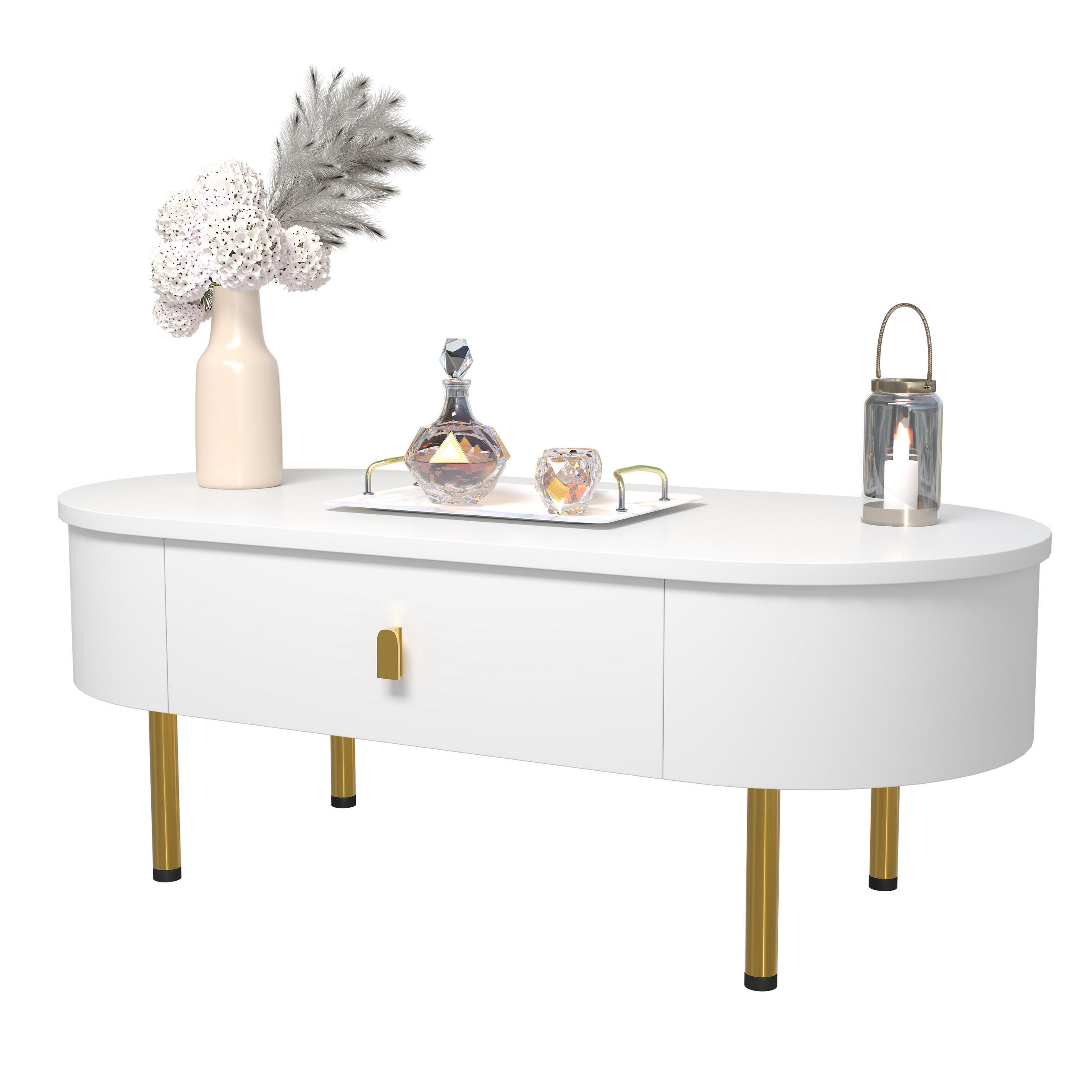 COUCHTISCH 108/50/40 cm Weiß mit 2 Schubladen und goldenen Griffen - Weiß, Holzwerkstoff (108/50/40cm) - OKWISH