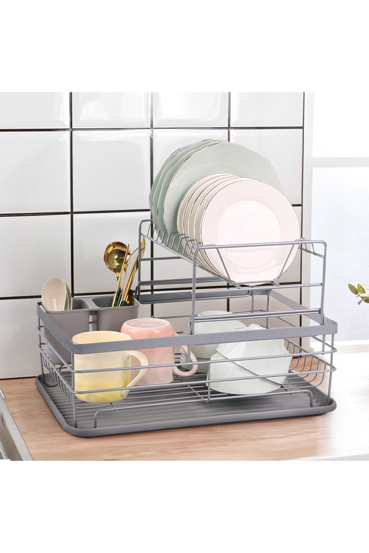 GESCHIRRABTROPFGESTELL Zweistufiges aus Eisen, PP in Silbergrau Schnelleres Trocknen Leicht zu montieren 43 x 32 x 27 cm - Silberfarben, Metall (43/27/32cm) - Livingandhome