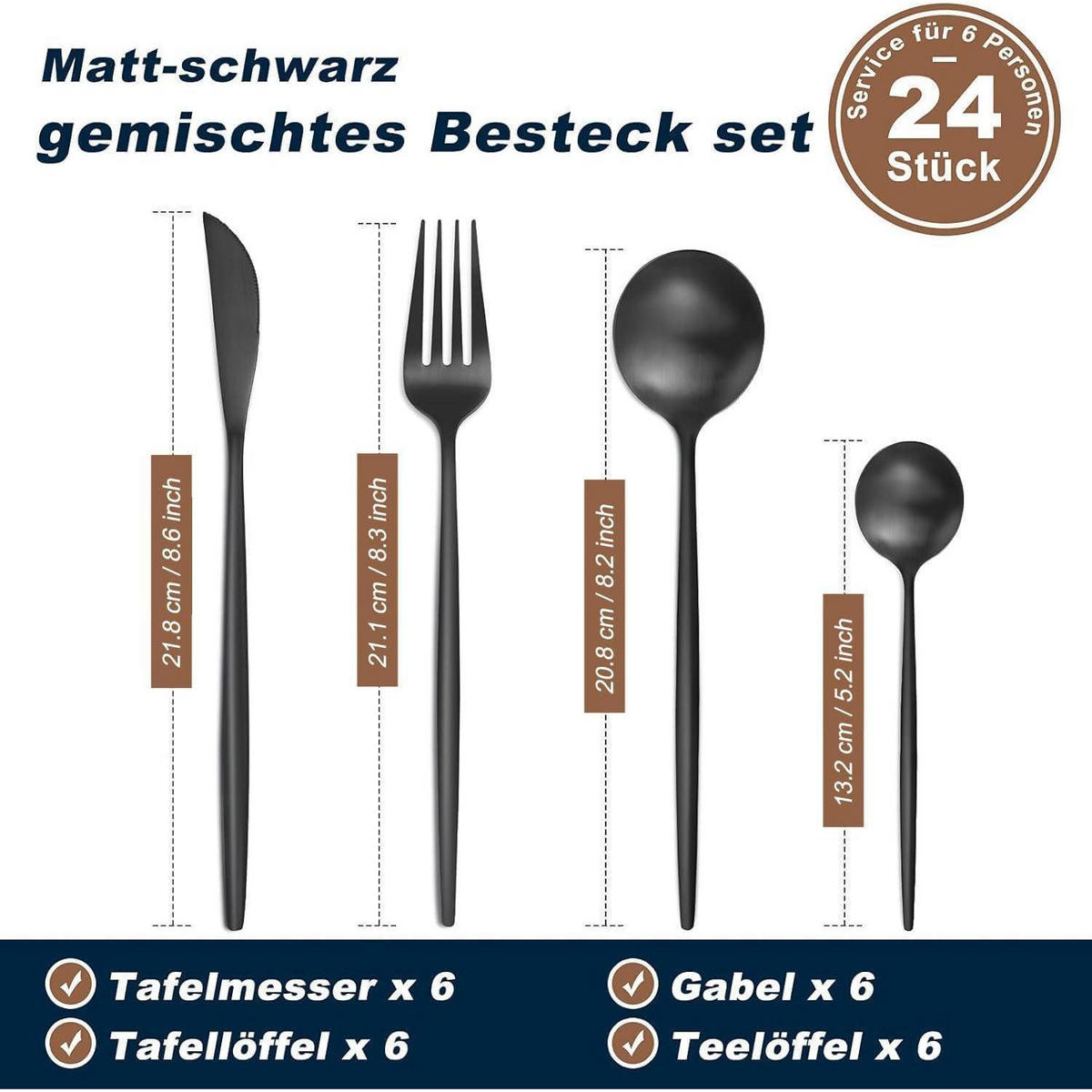 BESTECK Set 24-teilig für 6 Personen Schwarz Matt Edelstahl - Schwarz, Metall