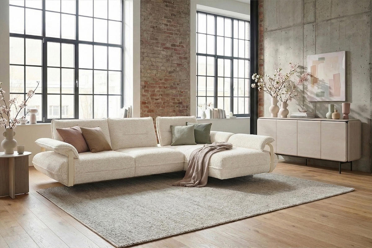 ECKSOFA ANISSA Cremeweiß Flachgewebe - Creme/Schwarz, Kunststoff/Textil (185/297cm) - KAWOLA