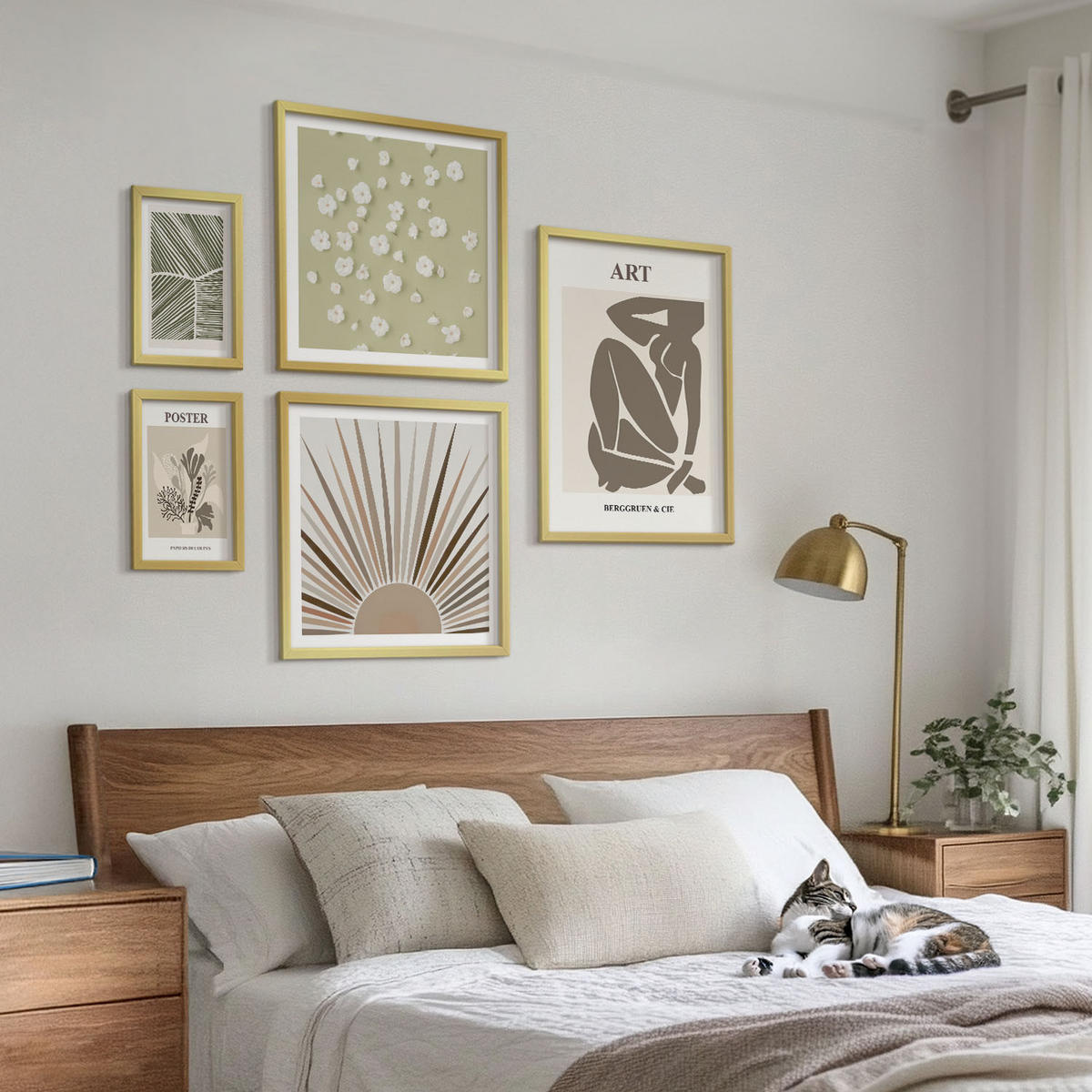 WANDBILDER 5er Set - 50x50 cm & 20x30 cm & 40x60 cm Goldrahmen - Pflanzenmotive in gedeckten Farben - Goldfarben, Kunststoff (40/60cm) - ArtPrintCave