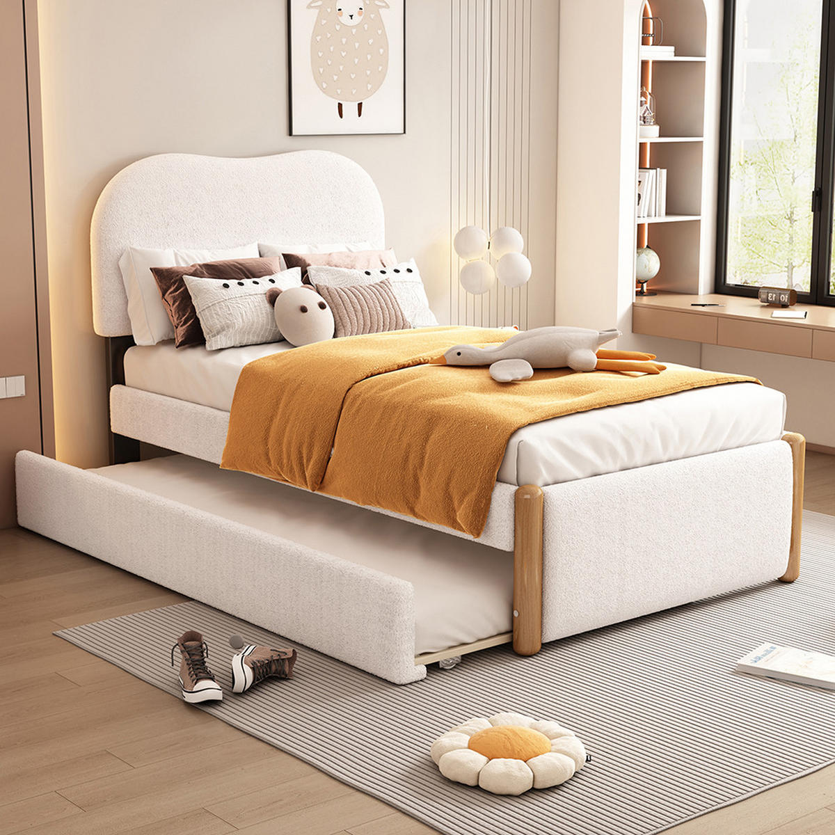 POLSTERBETT 90/200 cm in White mit praktischem ausziehbares Rollbett - Weiß, Holz/Textil (90/200cm) - KOMHTOM