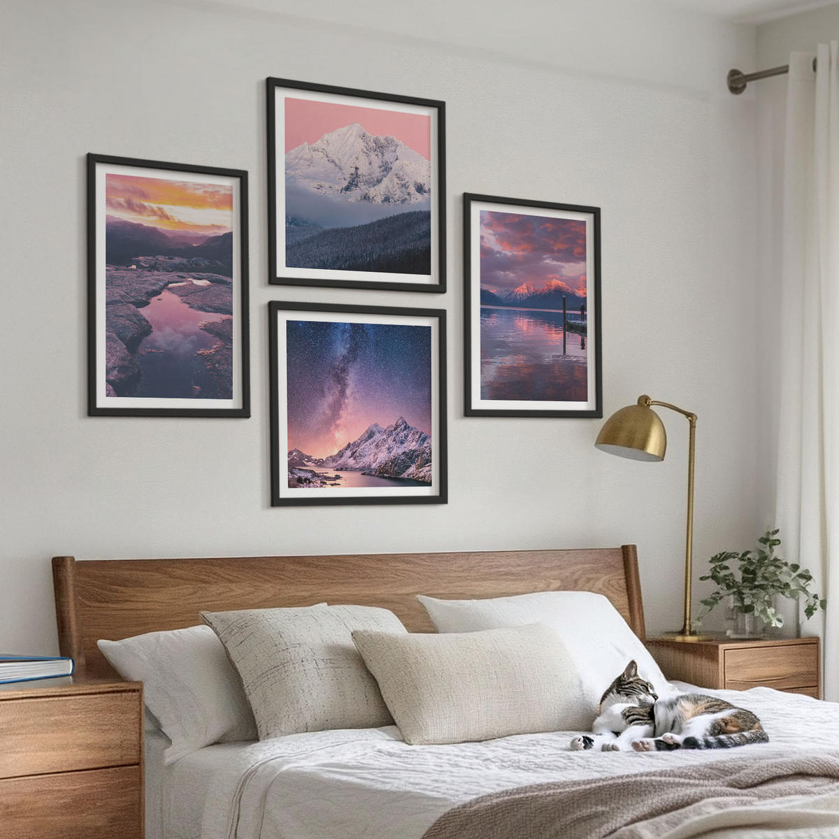 BILDER SET 4er Set - 50x50 cm & 40x60 cm Schwarzer Rahmen - Berge, Wasser, wunderschöne Landschaften - Schwarz, Kunststoff (50/50cm) - TULUP