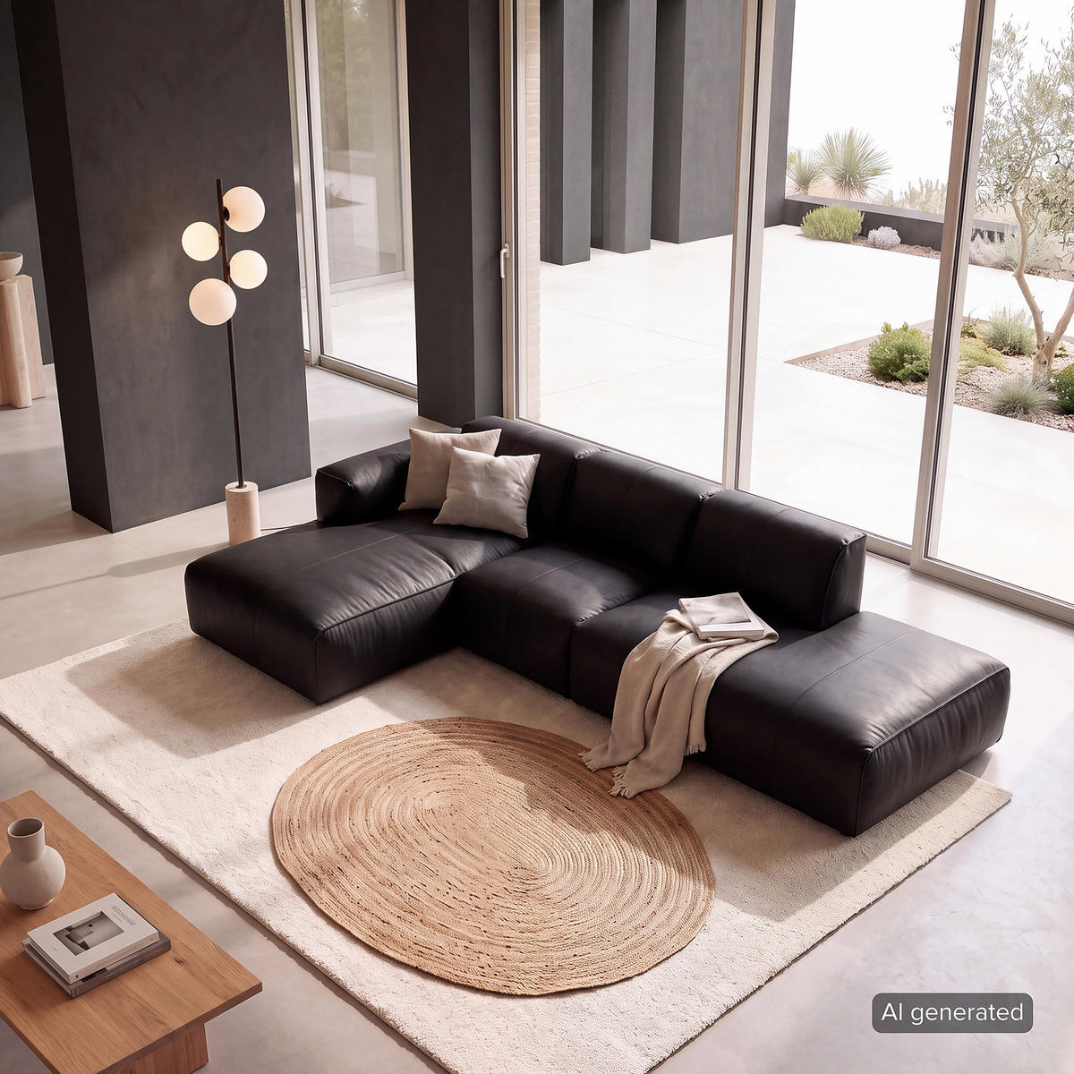 ECKSOFA mit Chaiselongue - Schwarz, Leder/Kunststoff (290/173cm) - home24