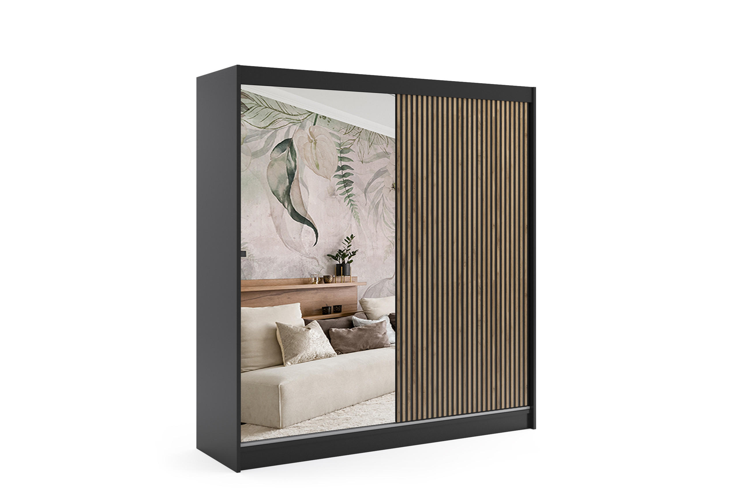 KLEIDERSCHRANK VILAN mit Spiegel - 200 cm - Schwarz|Eiche Wotan - Eiche Wotan/Schwarz, Holzwerkstoff (200/215/61cm) - ALTDECOR