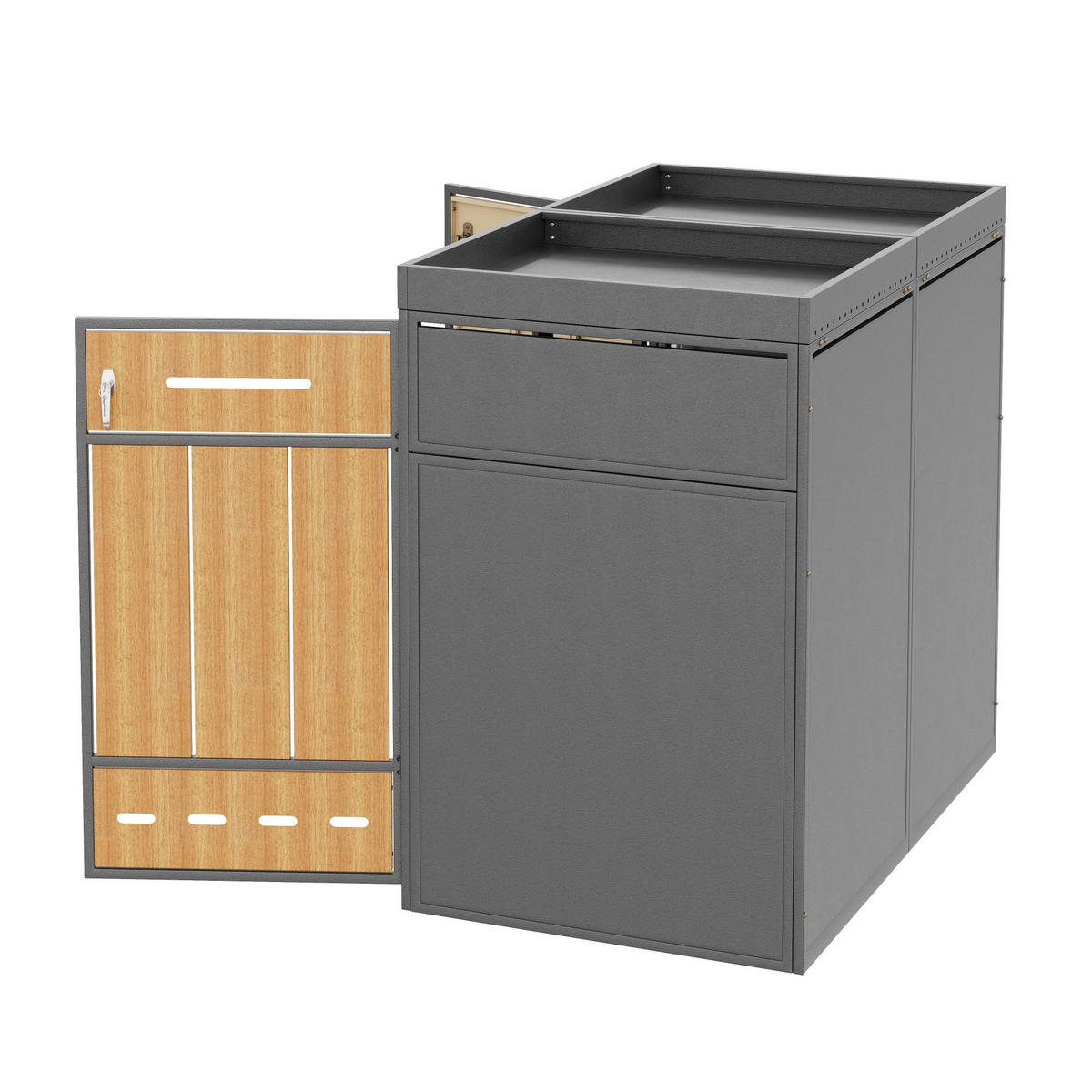 MÜLLTONNENBOX aus Stahl in Grau Holzoptik mit Pflanzdach & Abfalltrennung - Grau, Metall (132/124/80cm) - Modfu