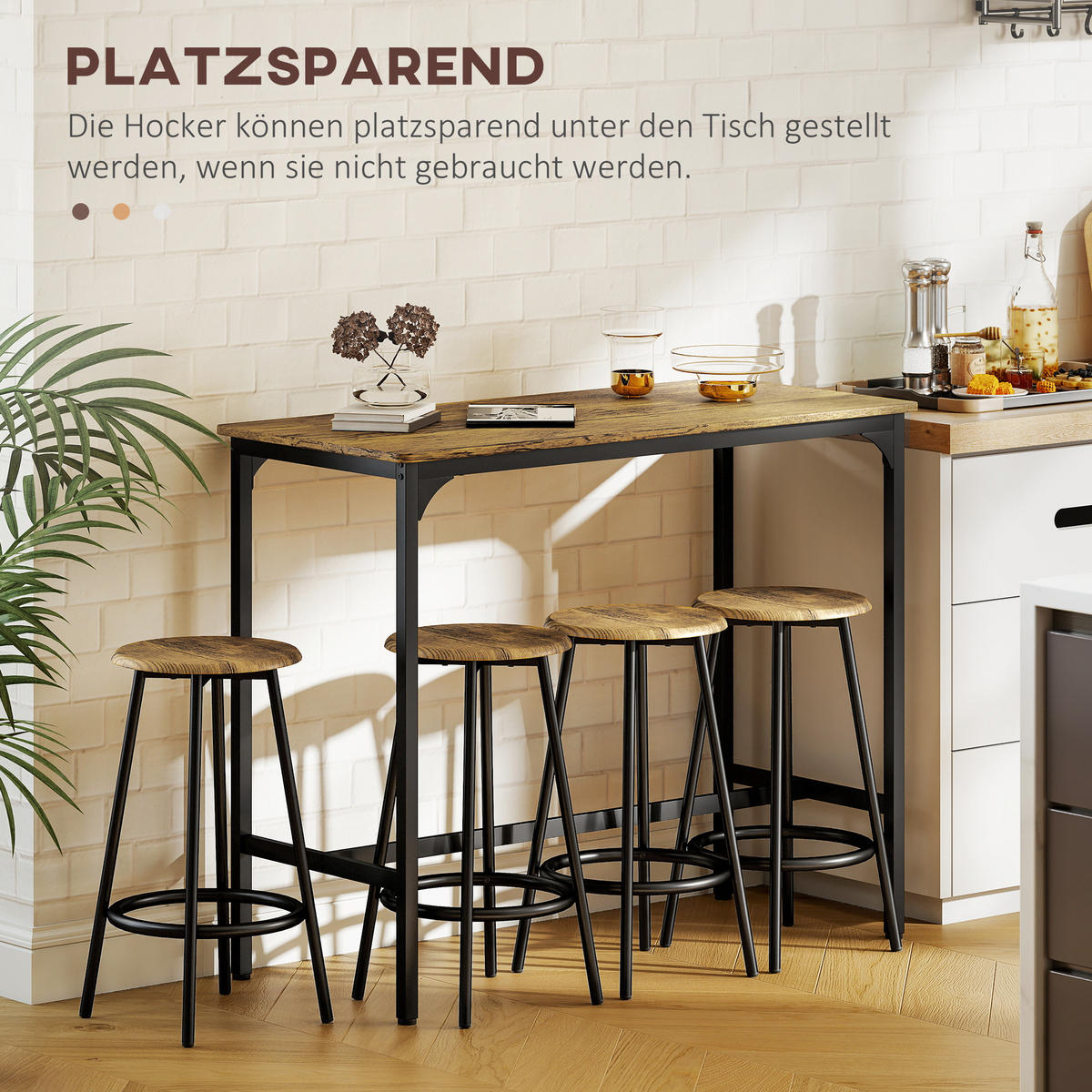 BARTISCH mit Barhocker Set, 5-tlg. Bartisch-Set, Küchentisch mit 4 Barhocker - Braun, Kunststoff (50/89.5/110cm) - HOMCOM