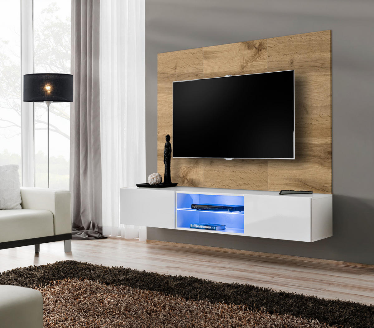 TV-LOWBOARD Eiche Wotan und weiß 180 cm hängend, Set inklusive LED-Beleuchtung - Eiche Wotan/Weiß, Glas/Holzwerkstoff (180/148/40cm) - Inn.Furn