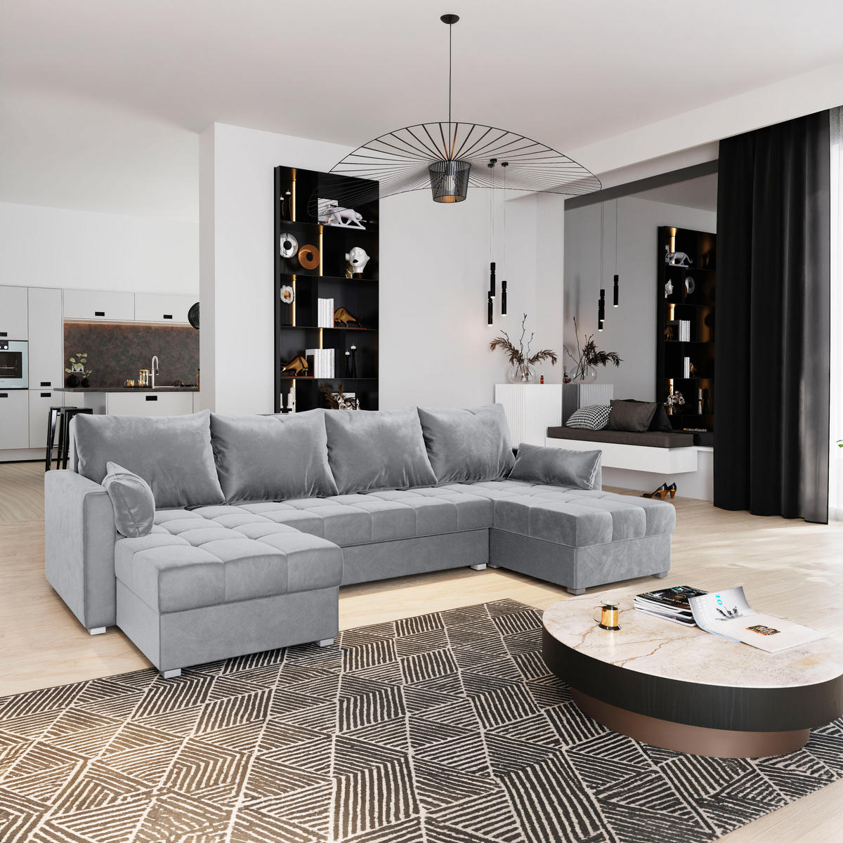 WOHNLANDSCHAFT NAKO Hellgrau Plüsch-Stoff mit Schlaffunktion - Hellgrau/Grau, Holz/Kunststoff (285/85/140cm) - MASSENO