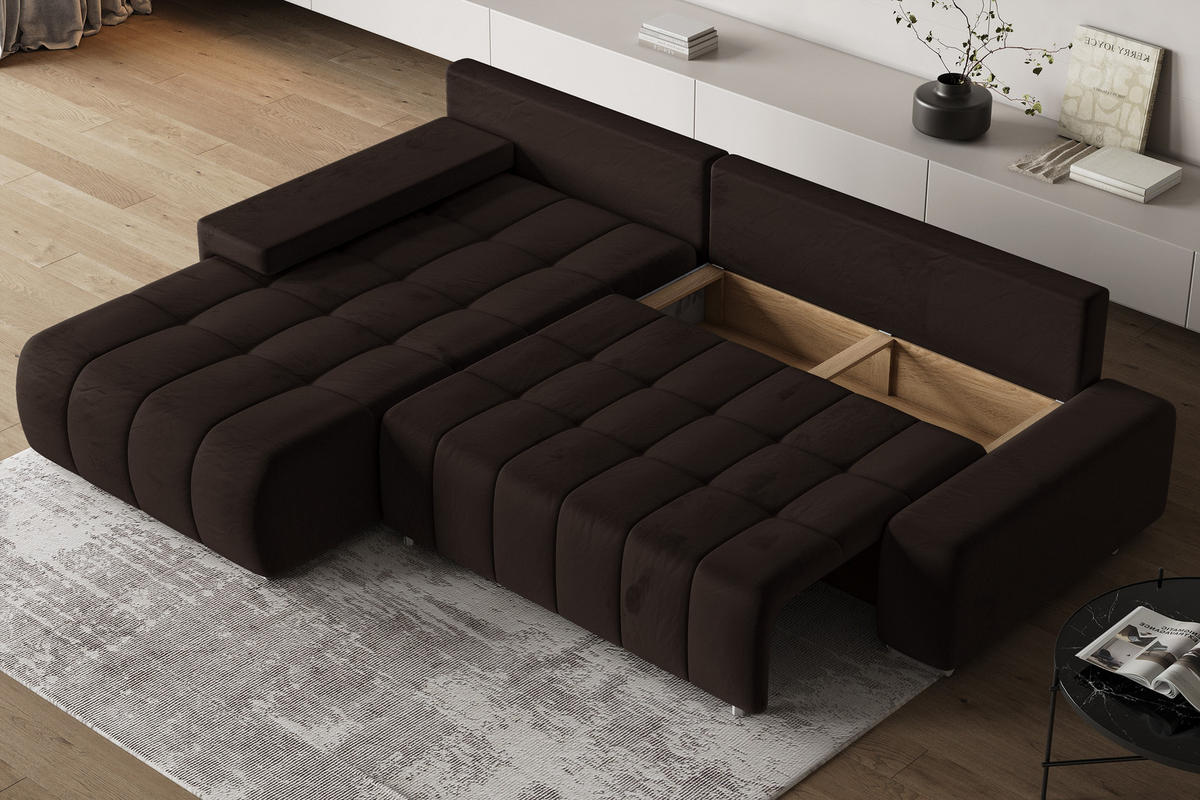 ECKSOFA ALESE L-S Braun Velours-Stoff mit Schlaffunktion - Braun, Holz (265/185cm) - MASSENO