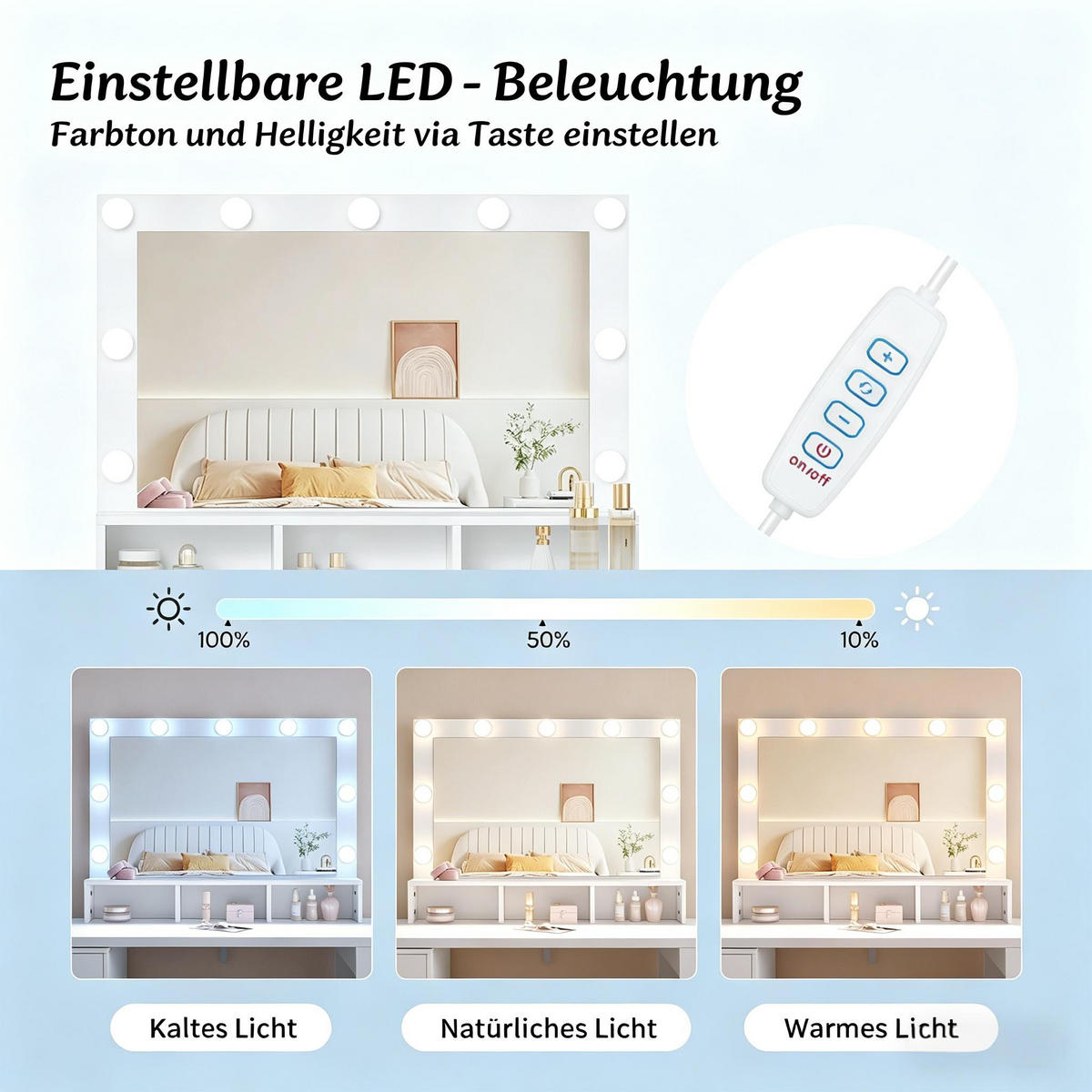 SCHMINKTISCH mit verstellbarem LED-Spiegel und 6 großen Schubladen - Weiß, Glas (40/134.5/160cm) - Vallsero