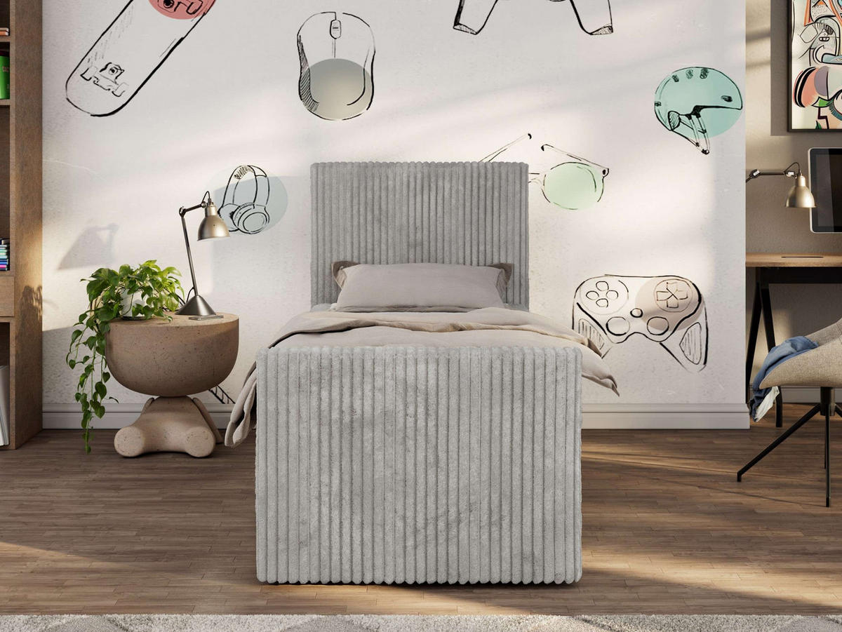 JUGENDBETT TILIO DUO 90/200 - Hellgrau Cord - H4 - Links Seite - Hellgrau, Textil (90/200cm) - MKS