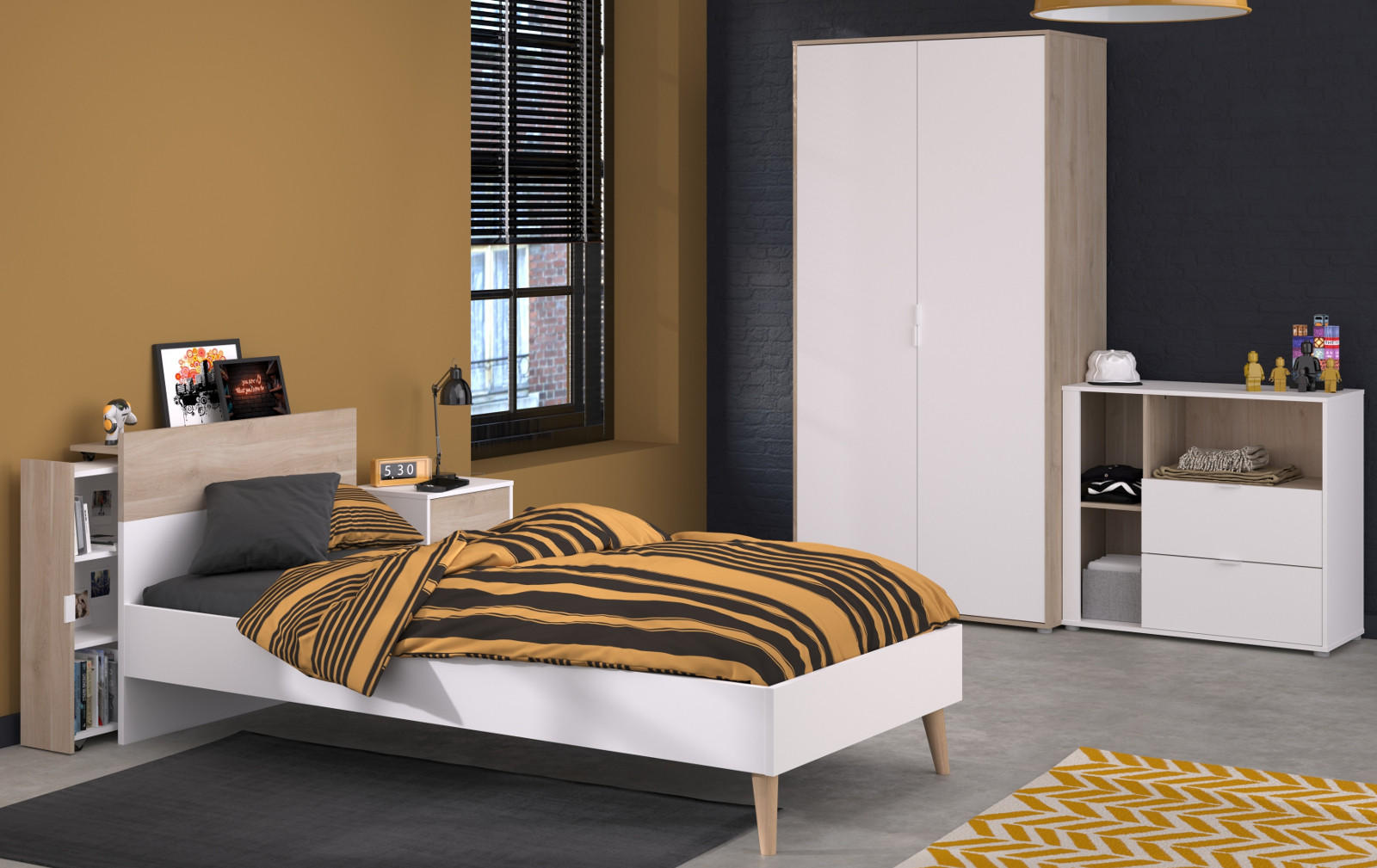 JUGENDZIMMER weiß, Eiche, Komplett-Set 5-teilig mit vielen Fächern - Eichefarben/Weiß, Holzwerkstoff (95/205/206cm) - Parisot Meuble