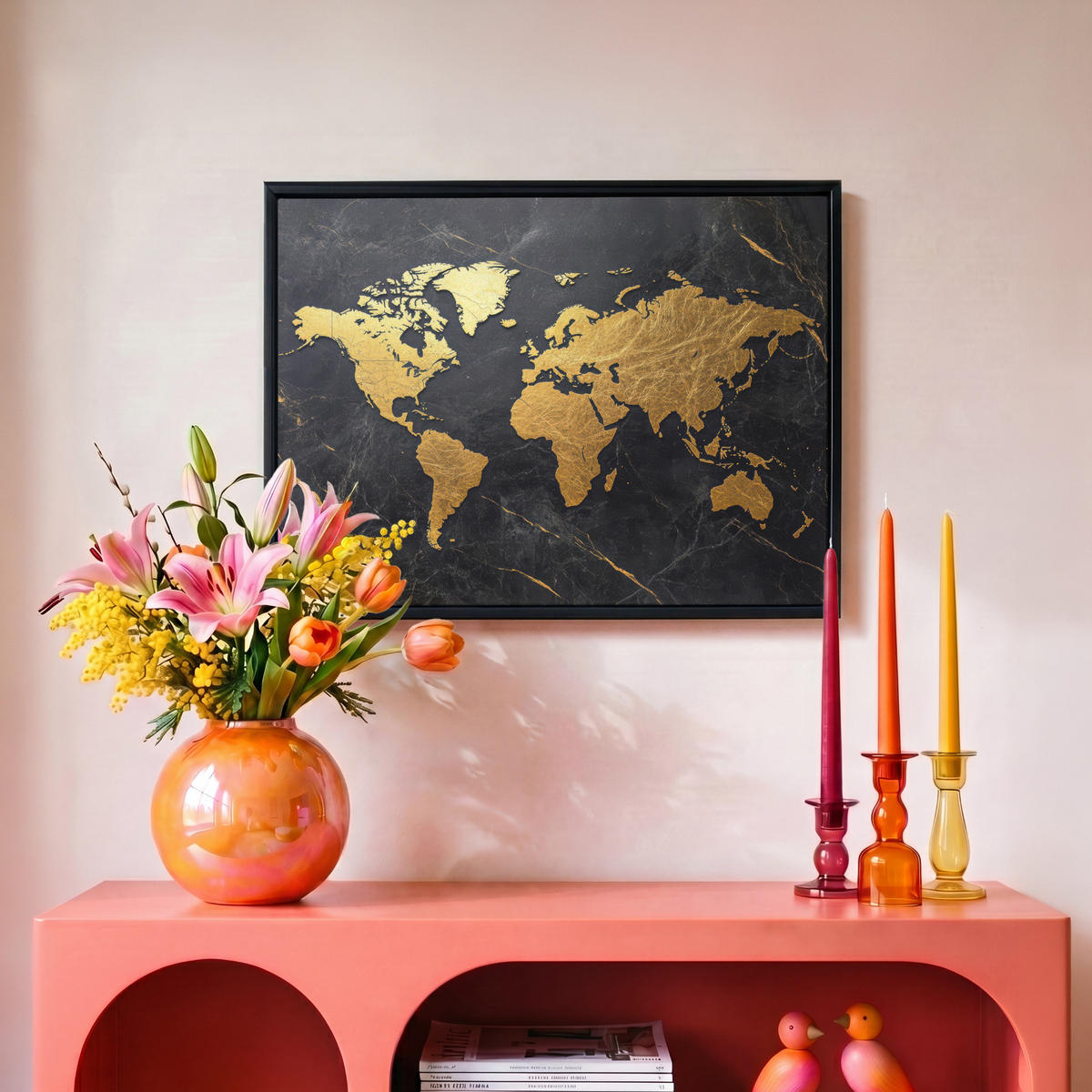 LEINWAND Bilder mit Rahmen - Weltkarte - Gold - Marmor - 40x30 - Goldfarben, Textil (40/30cm) - MuchoWow