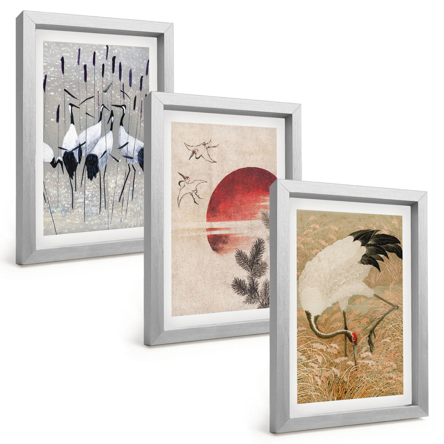 BILDER SET 3er Set - 20x30 cm Silberner Rahmen - Japanische Kraniche Landschaft - Silberfarben, Kunststoff (20/30cm) - TULUP