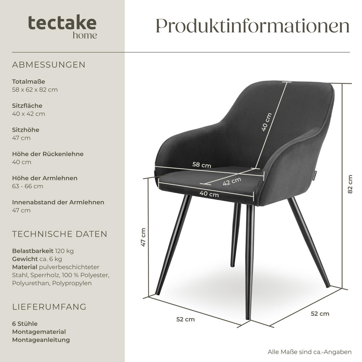 ESSZIMMERSTUHL 6er Set Marilyn 58 x 62 x 82 cm anthrazit/schwarz - Anthrazit/Schwarz, Kunststoff (62/82/58cm) - tectake